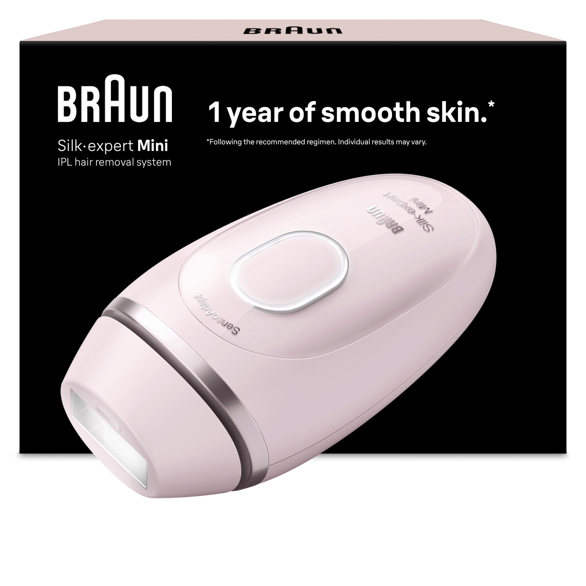Egy rózsaszín Braun Silk-expert Mini IPL szőrtelenítő fekete termékdoboz előtt.