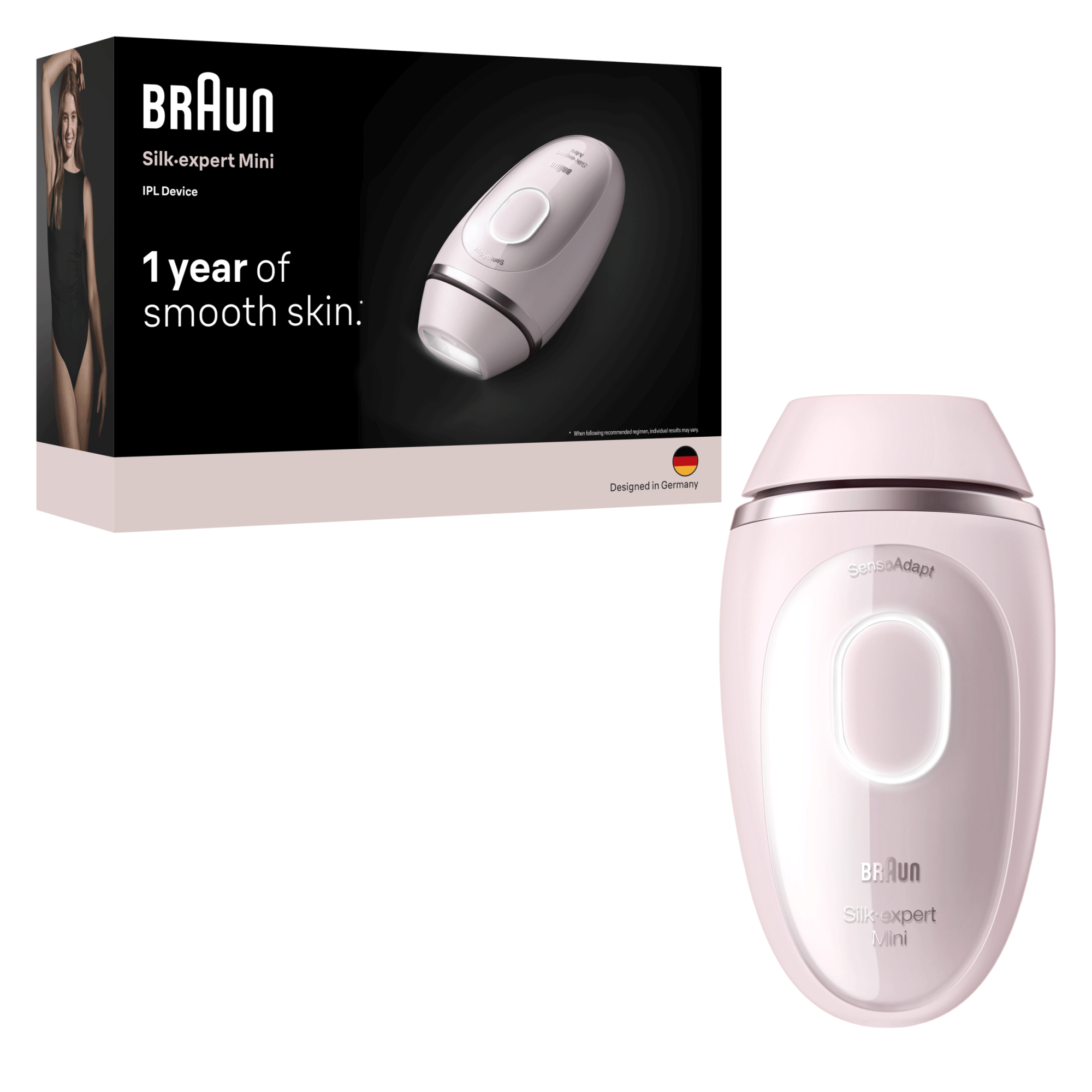 Egy rózsaszín Braun Silk-expert Mini IPL szőrtelenítő készülék a termékdoboz mellett.