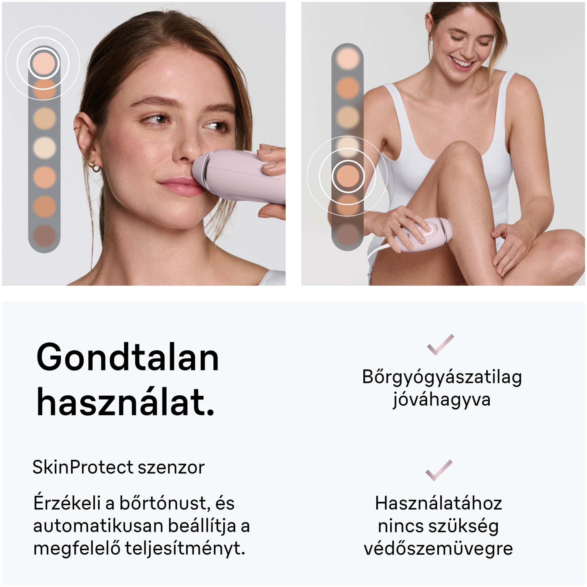 Nő IPL készüléket használ az arcán és lábán, bőrtönszenzorral és magyar felirattal.