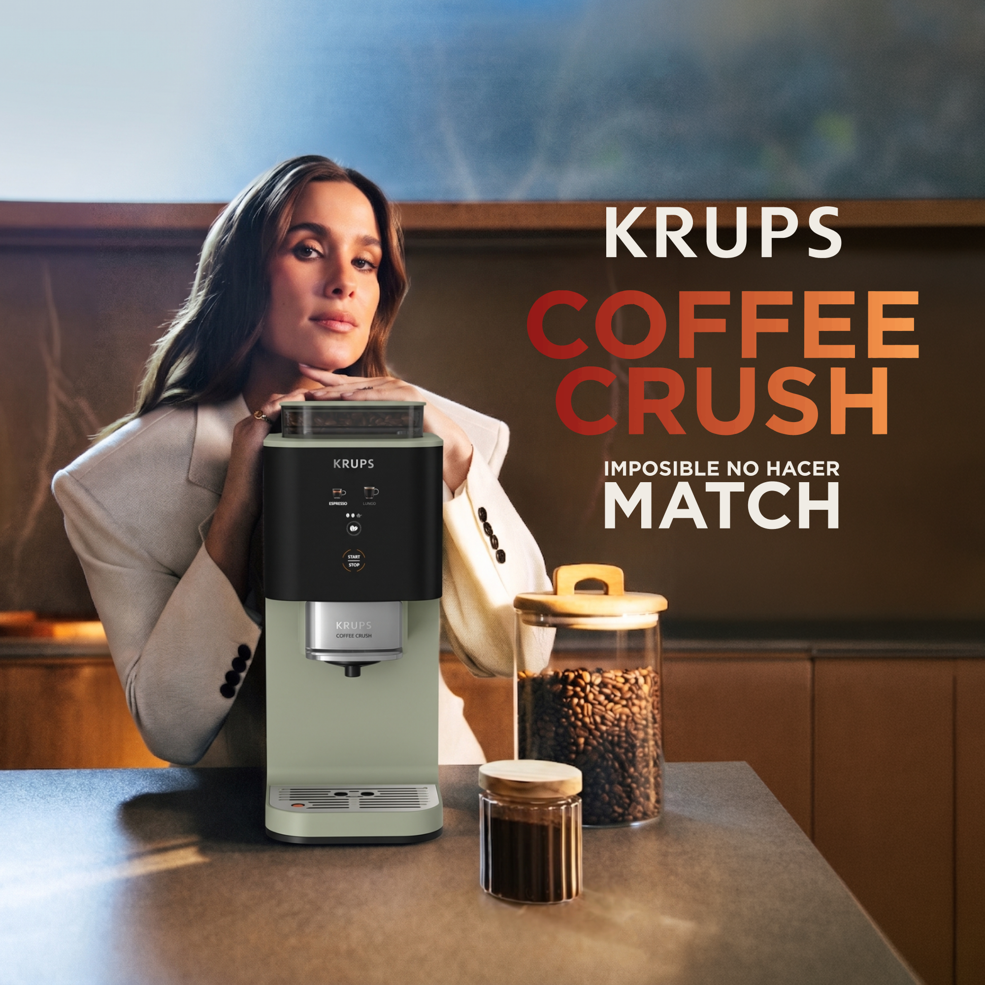 Cafetera superautomática - Krups Coffee Crush, Café en grano y molido, 15 bares, 2 recetas de café, Táctil, Compacta, 3 niveles de molienda, Verde