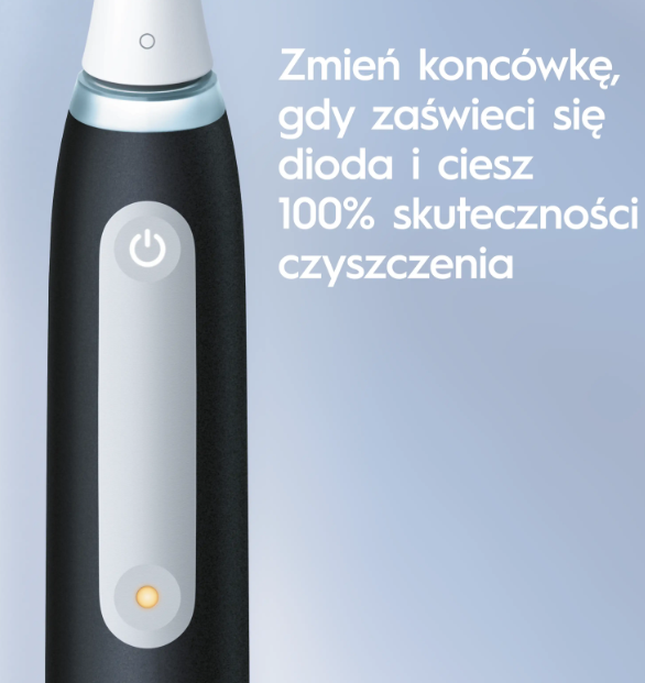 Czarna szczoteczka elektryczna z podświetlaną diodą LED i białym tekstem na niebieskim tle.