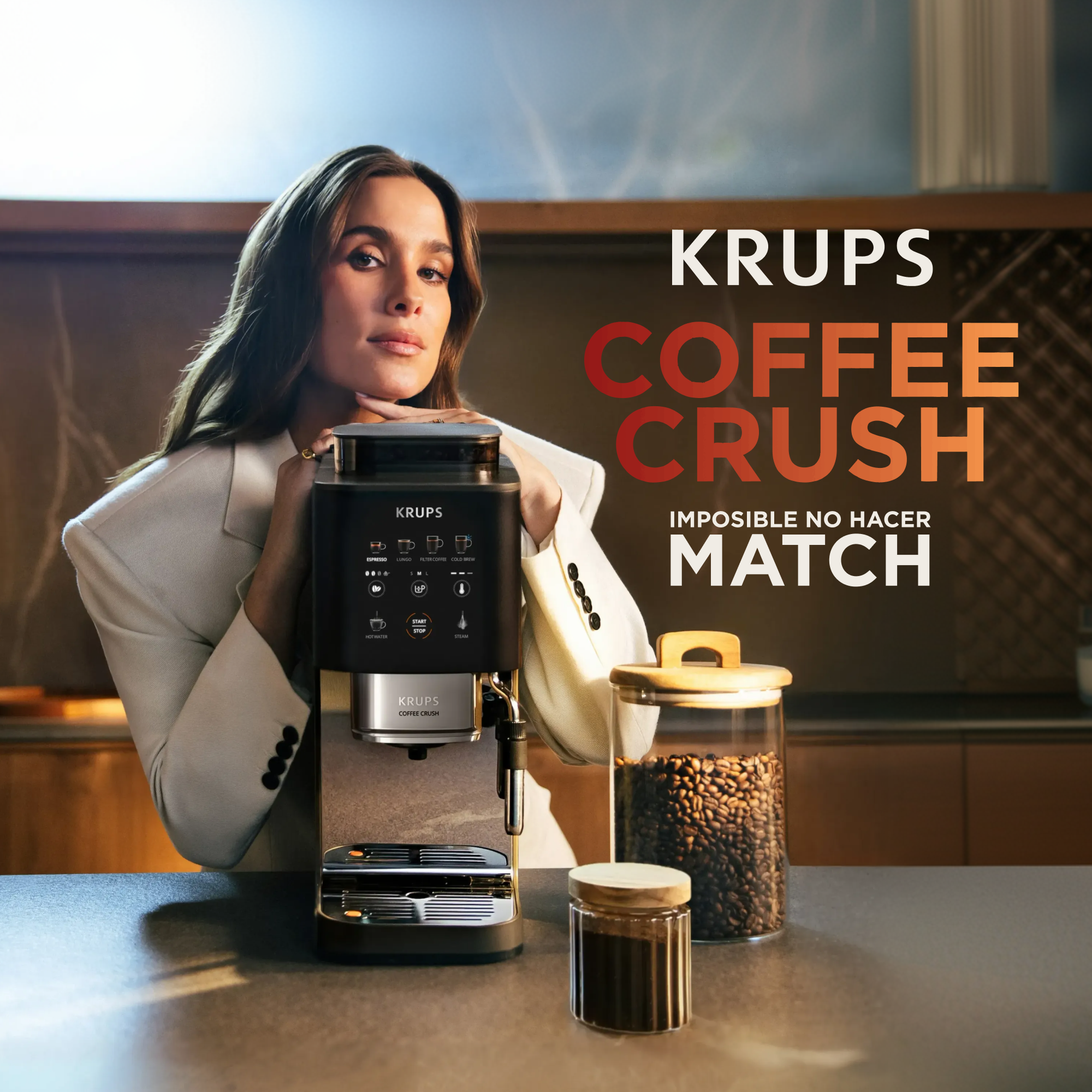 Cafetera superautomática - Krups Coffee Crush, Café en grano y molido, 15 bares, 4 recetas de café, Táctil, Compacta, 5 niveles de molienda, Inox