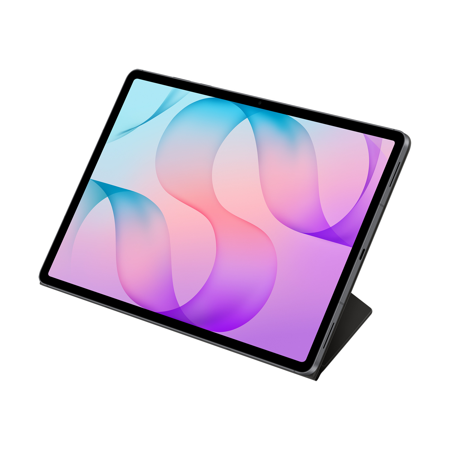 Un tablet nero su supporto mostra uno sfondo astratto con onde blu e viola su sfondo bianco.
