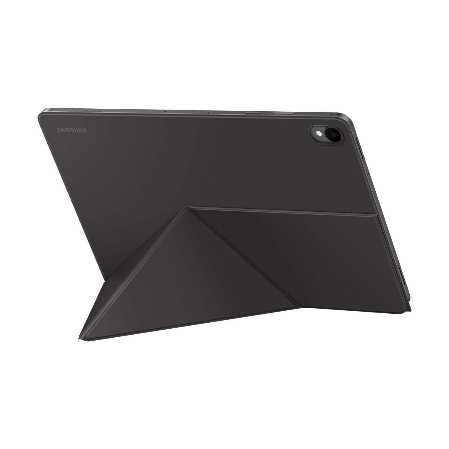 Un tablet Samsung grigio è posizionato verticalmente su una custodia protettiva grigia su sfondo bianco.