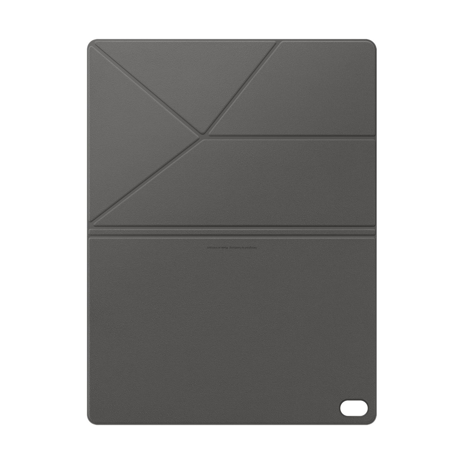 Custodia per tablet grigio scuro con motivo pieghevole e ritaglio fotocamera in basso a destra.