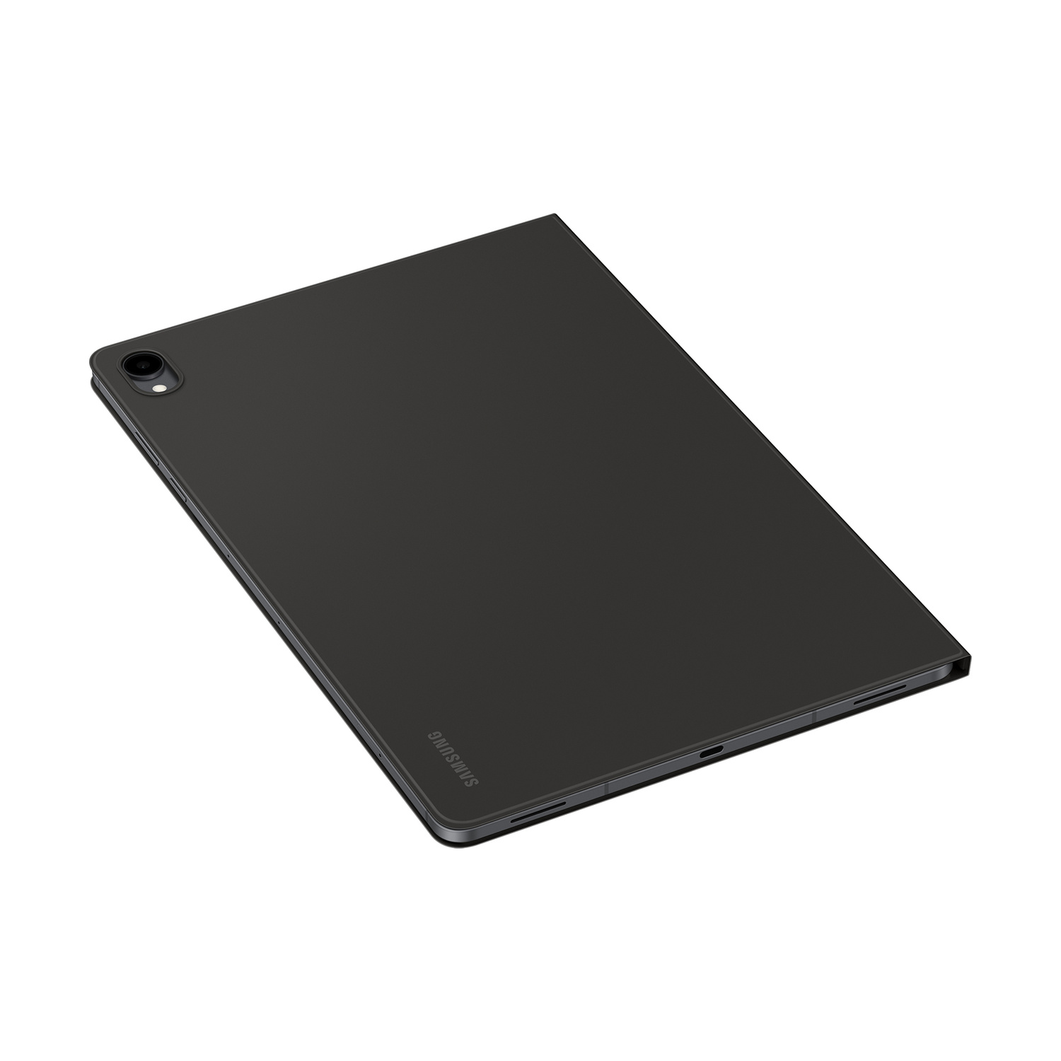 Vista posteriore di un tablet Samsung scuro con custodia e fotocamera singola su sfondo bianco.