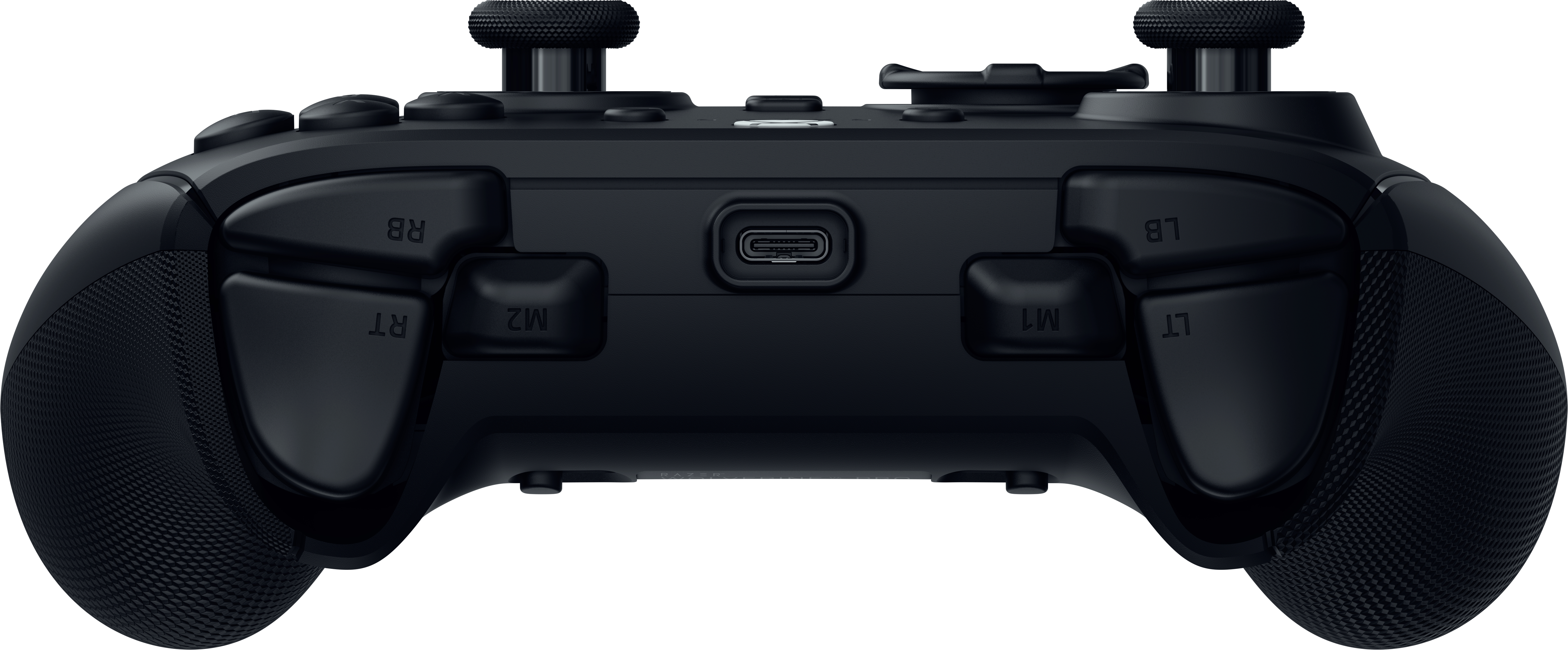 Rückseite eines schwarzen Gamepads mit USB-C-Anschluss, Schultertasten und Controllern auf weißem Hintergrund.