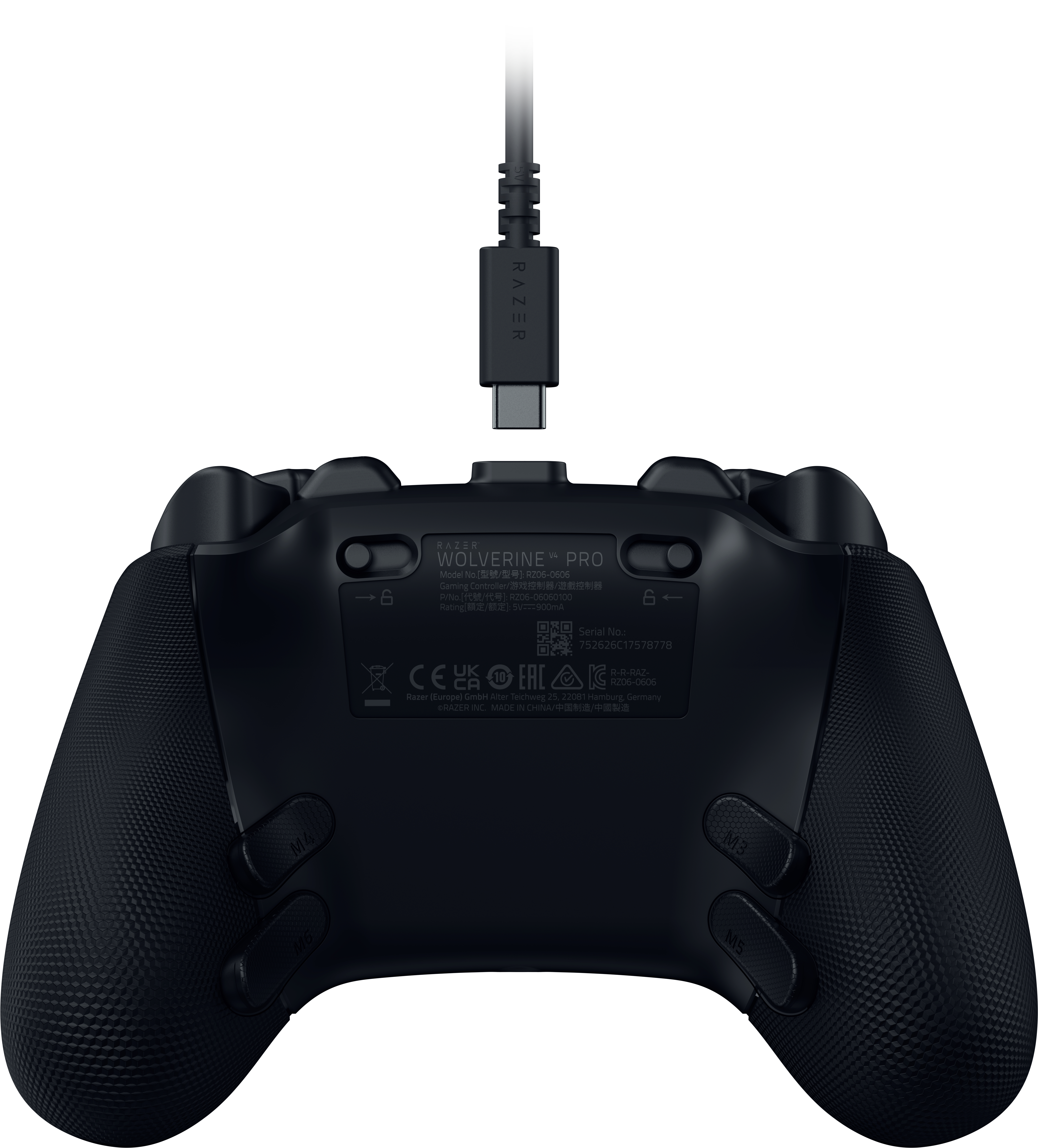 Rückansicht eines schwarzen Razer Wolverine V4 Pro Gamecontrollers mit einem USB-C-Kabel.