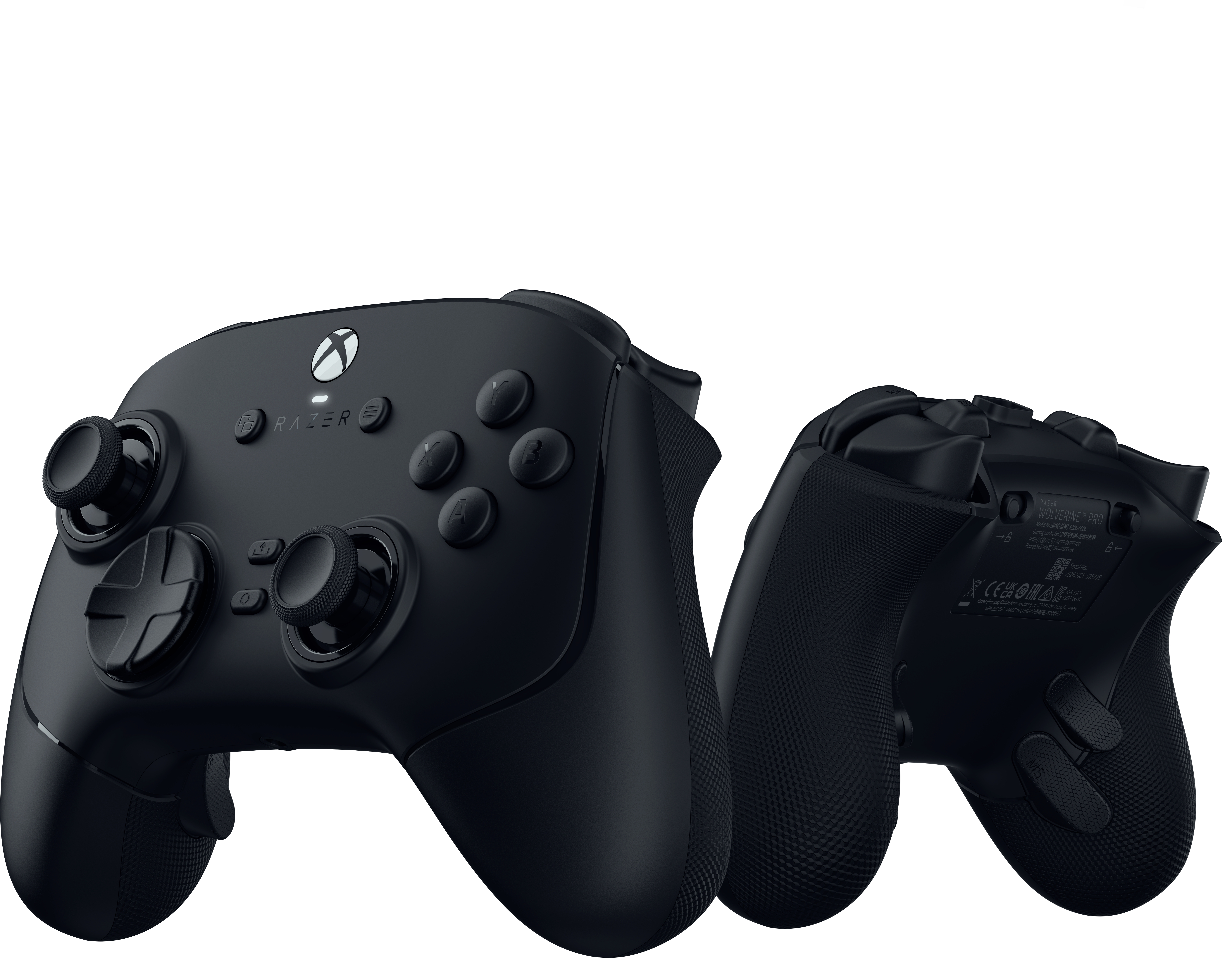 Schwarzer Razer-Controller mit zwei Joysticks, Kreuztasten und Aktionstasten, vorne und hinten abgebildet.