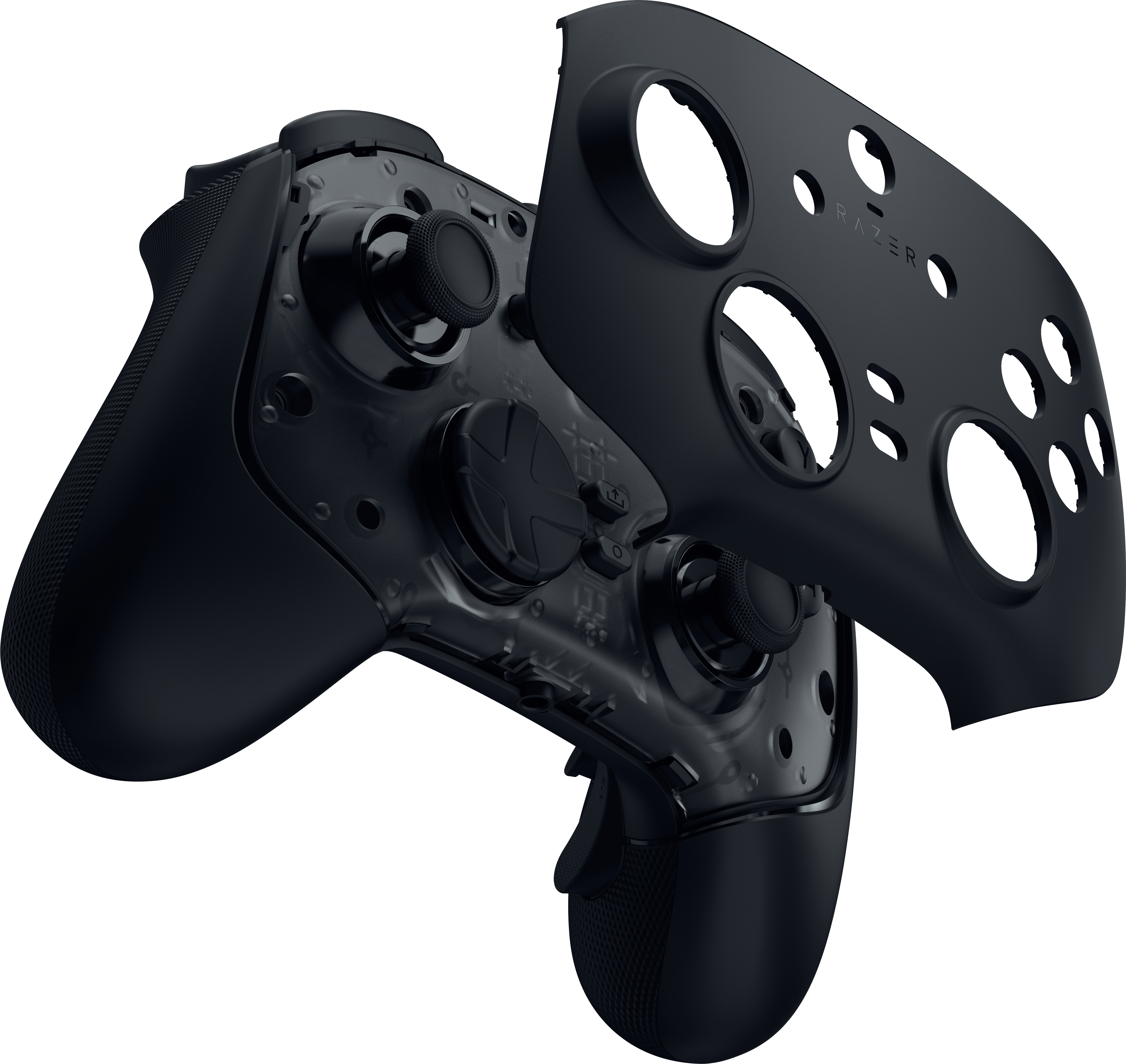 Ein schwarzer Razer-Gaming-Controller mit abgenommener Frontplatte, zeigt Joysticks und Tasten.