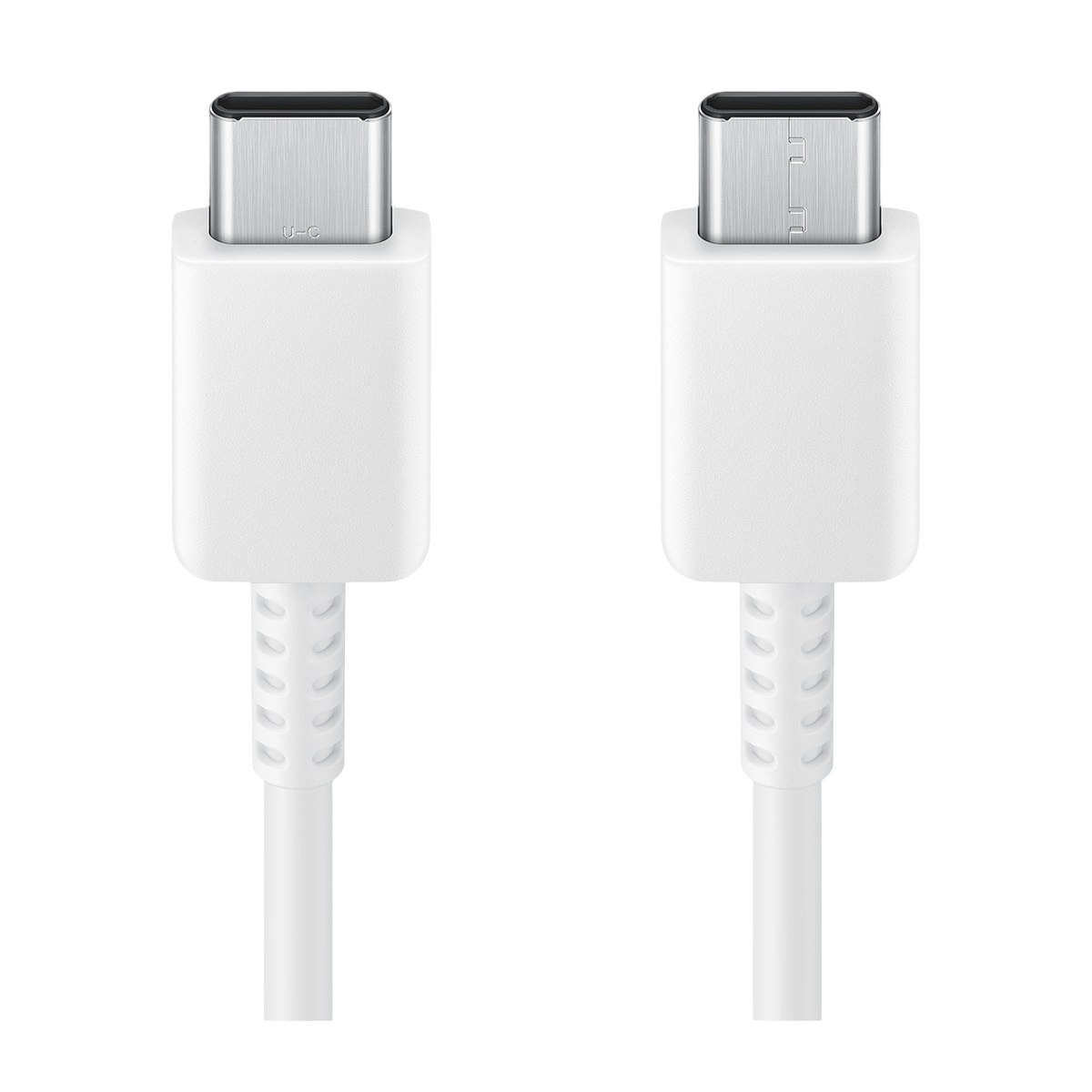 Beyaz arka planda metal konnektörlü iki beyaz USB-C kablosu.