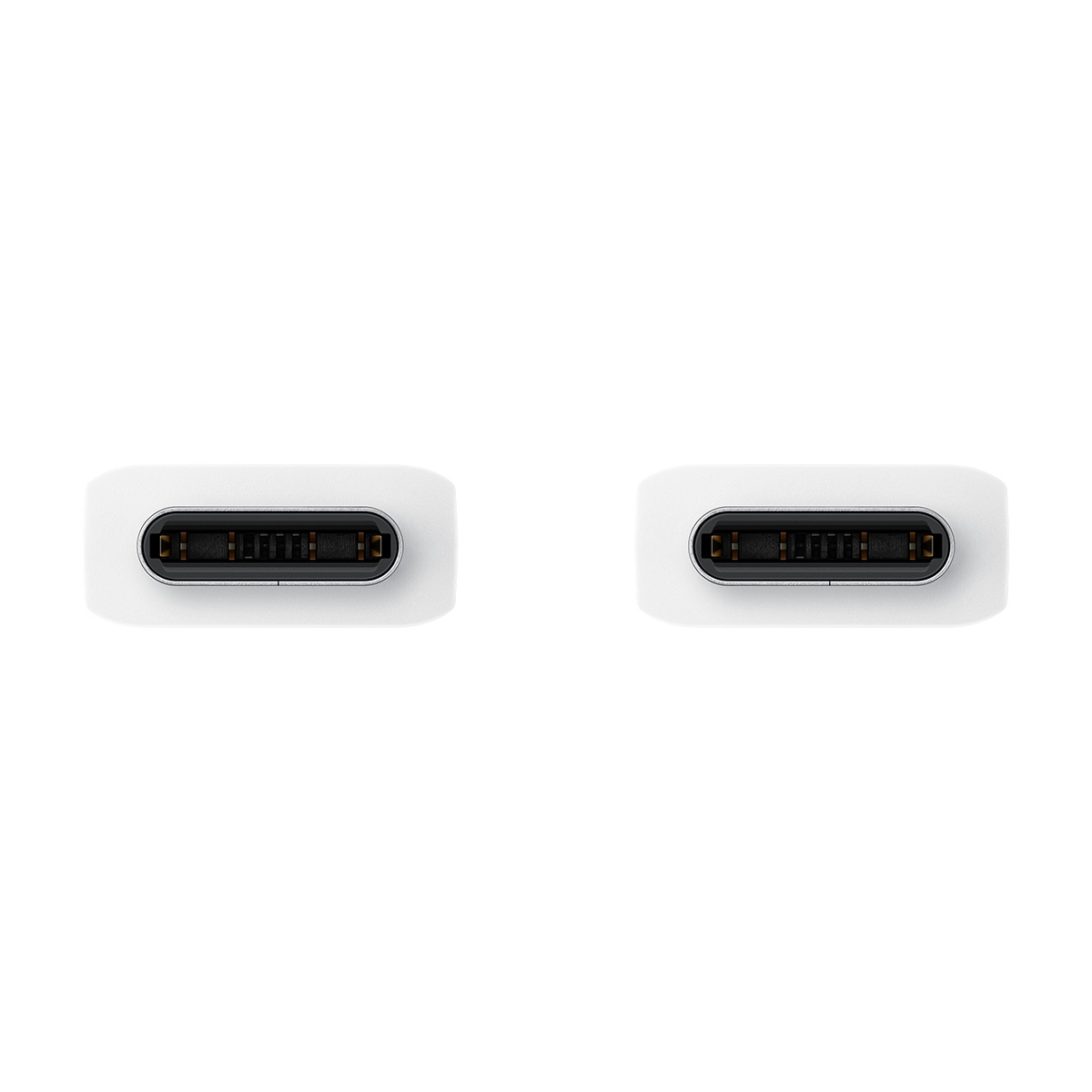 Açık arka planda iki beyaz USB-C konektörü.