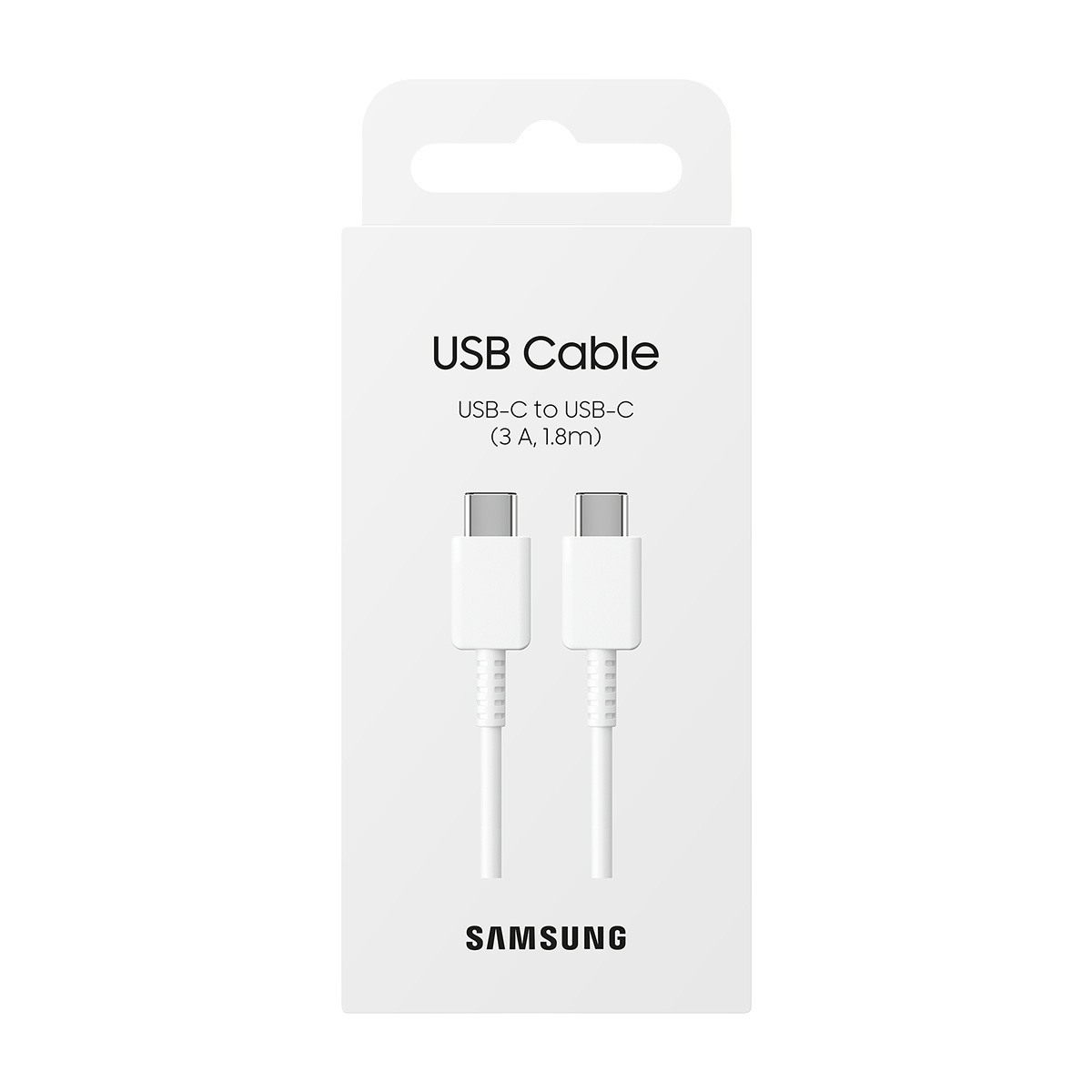 İki görünür konnektöre sahip beyaz Samsung USB-C - USB-C kablo ambalajı.
