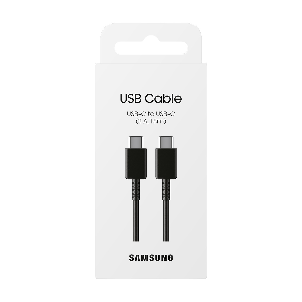 Siyah Samsung USB-C - USB-C kablosu için beyaz ürün kutusu (3 A, 1.8m).