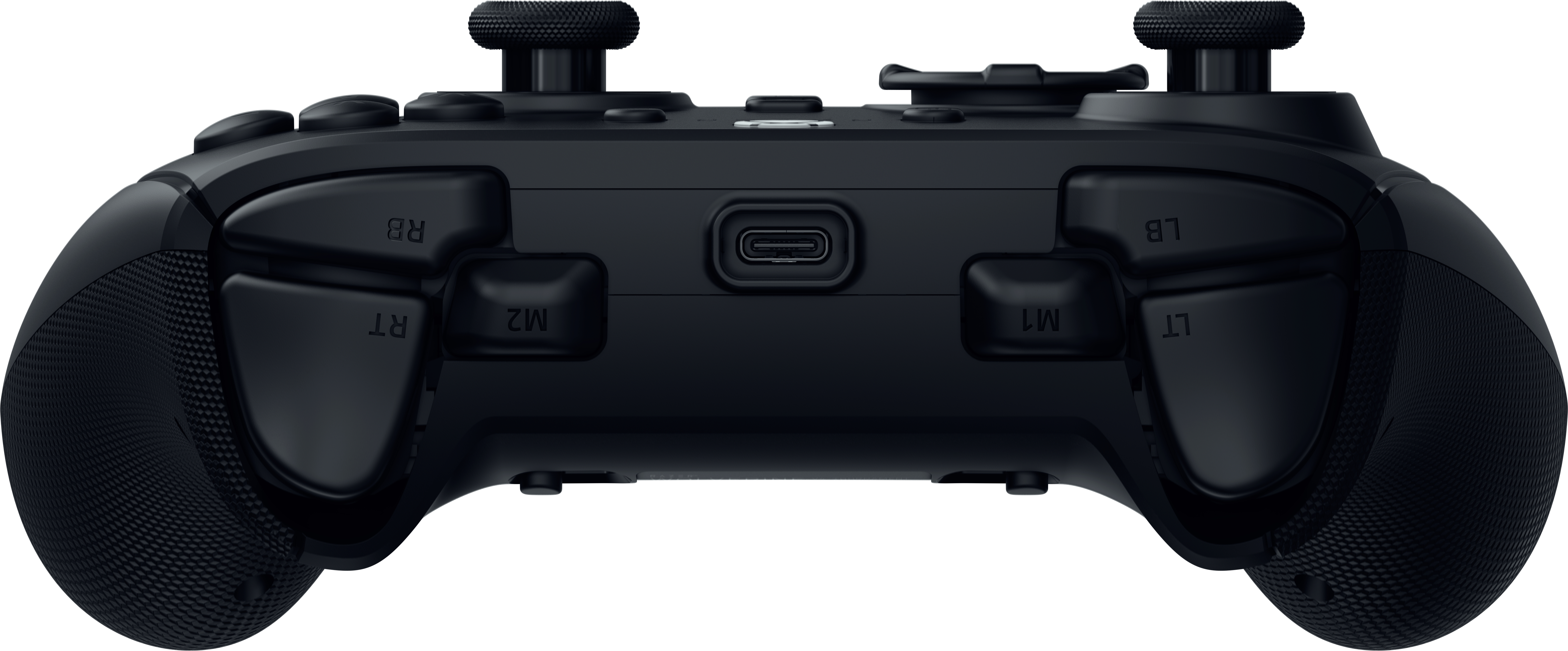 Rückansicht eines schwarzen Xbox-Controllers mit USB-C-Anschluss, Schultertasten und zusätzlichen programmierbaren Tasten.