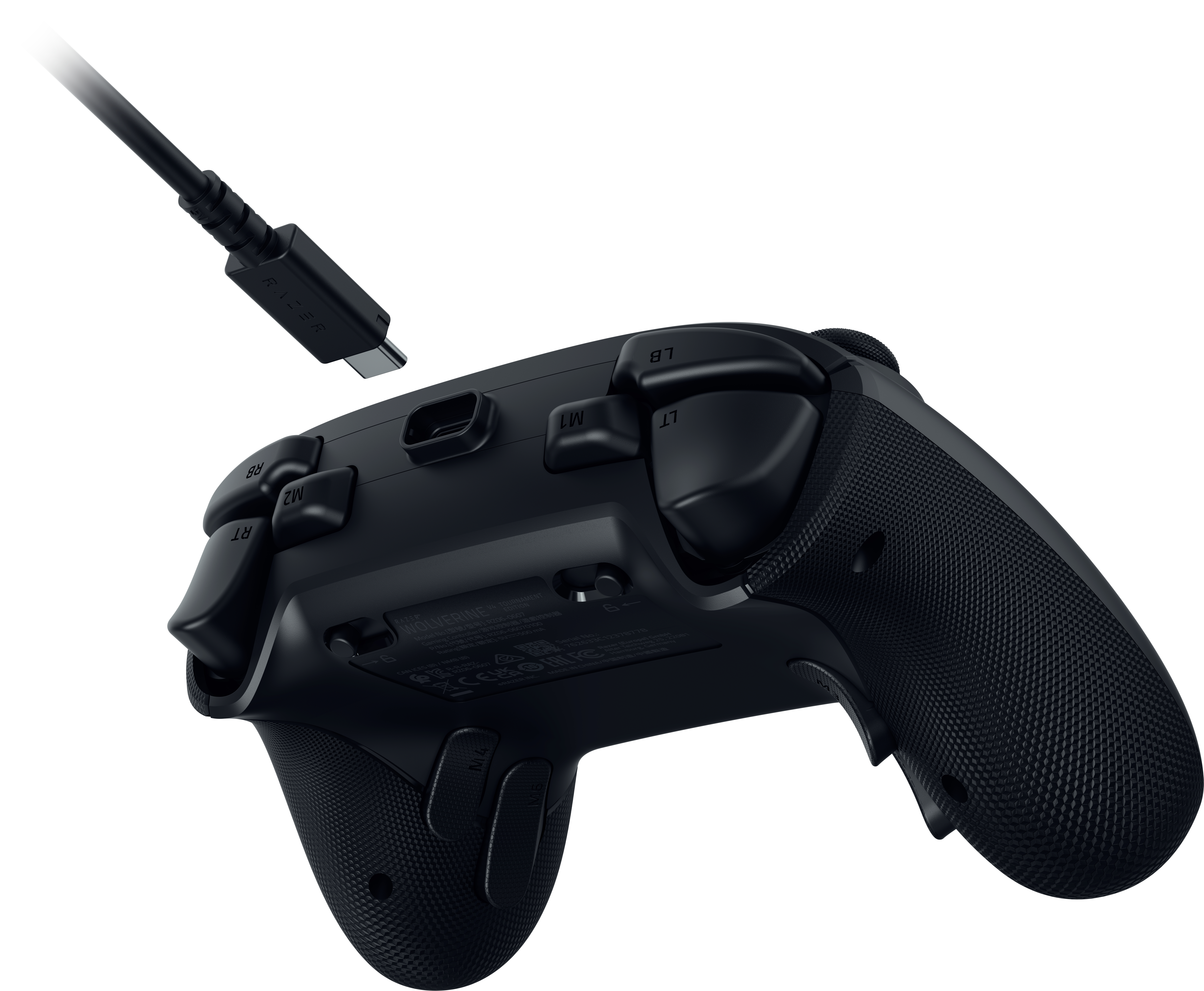 Ein schwarzer Gaming-Controller mit strukturierten Griffen, während ein USB-C-Kabel zum Anschluss herabgleitet.