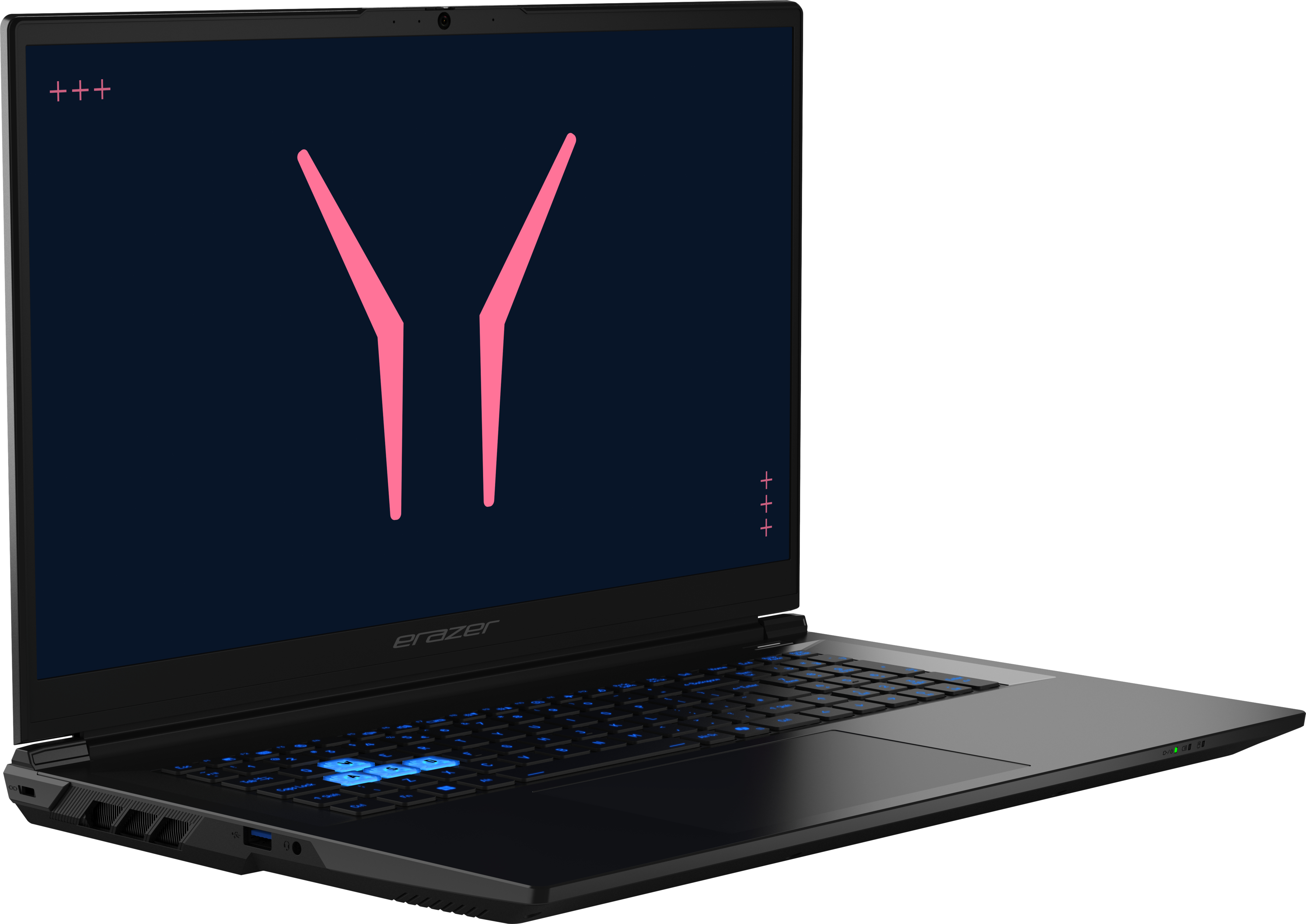 Schwarzer Erazer Laptop mit beleuchteter Tastatur und Pink-Grafik auf dem Bildschirm.