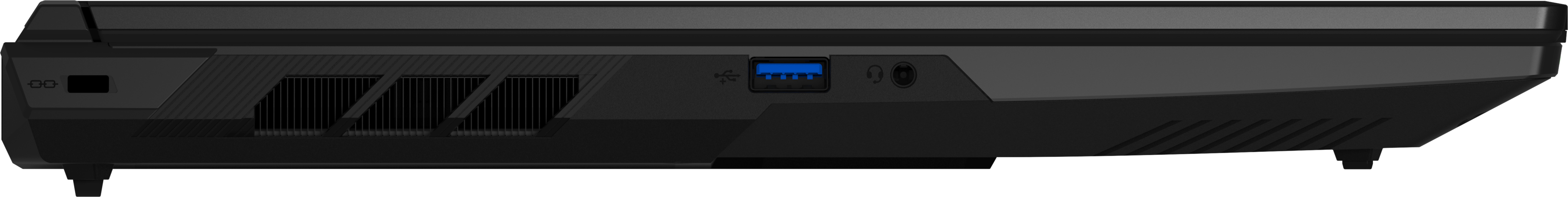 Linke Seite eines schwarzen Laptops mit USB-Anschluss, Lüftungsschlitzen und Kopfhörerbuchse.