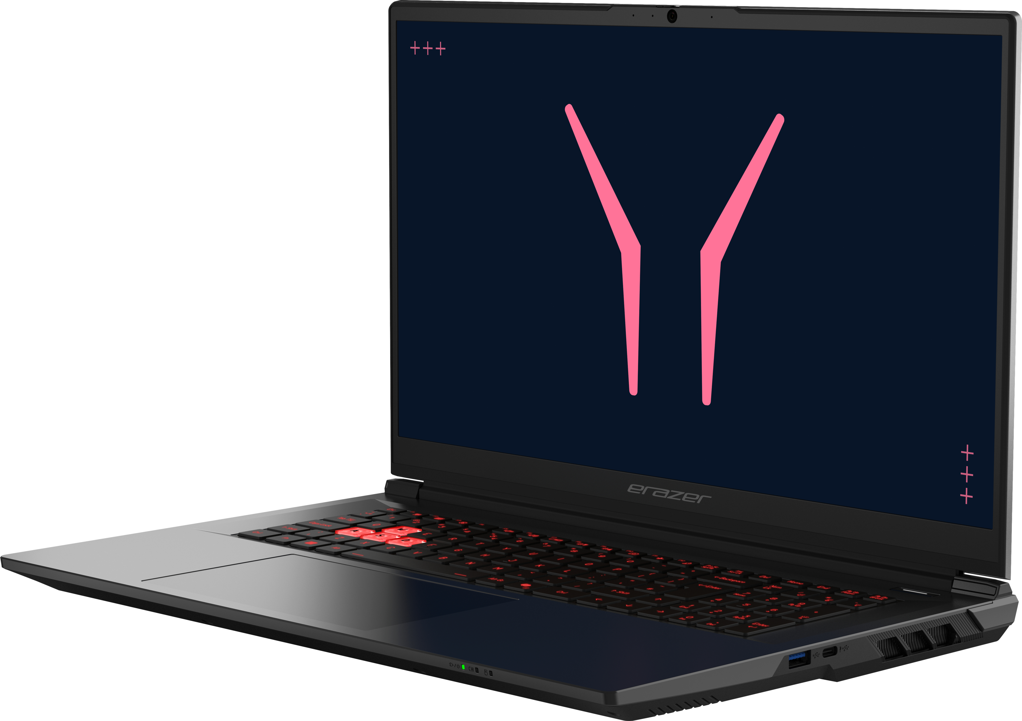 Schwarzer Gaming-Laptop mit roter Tastaturbeleuchtung und stilisierter pinker Grafik auf dem Bildschirm.