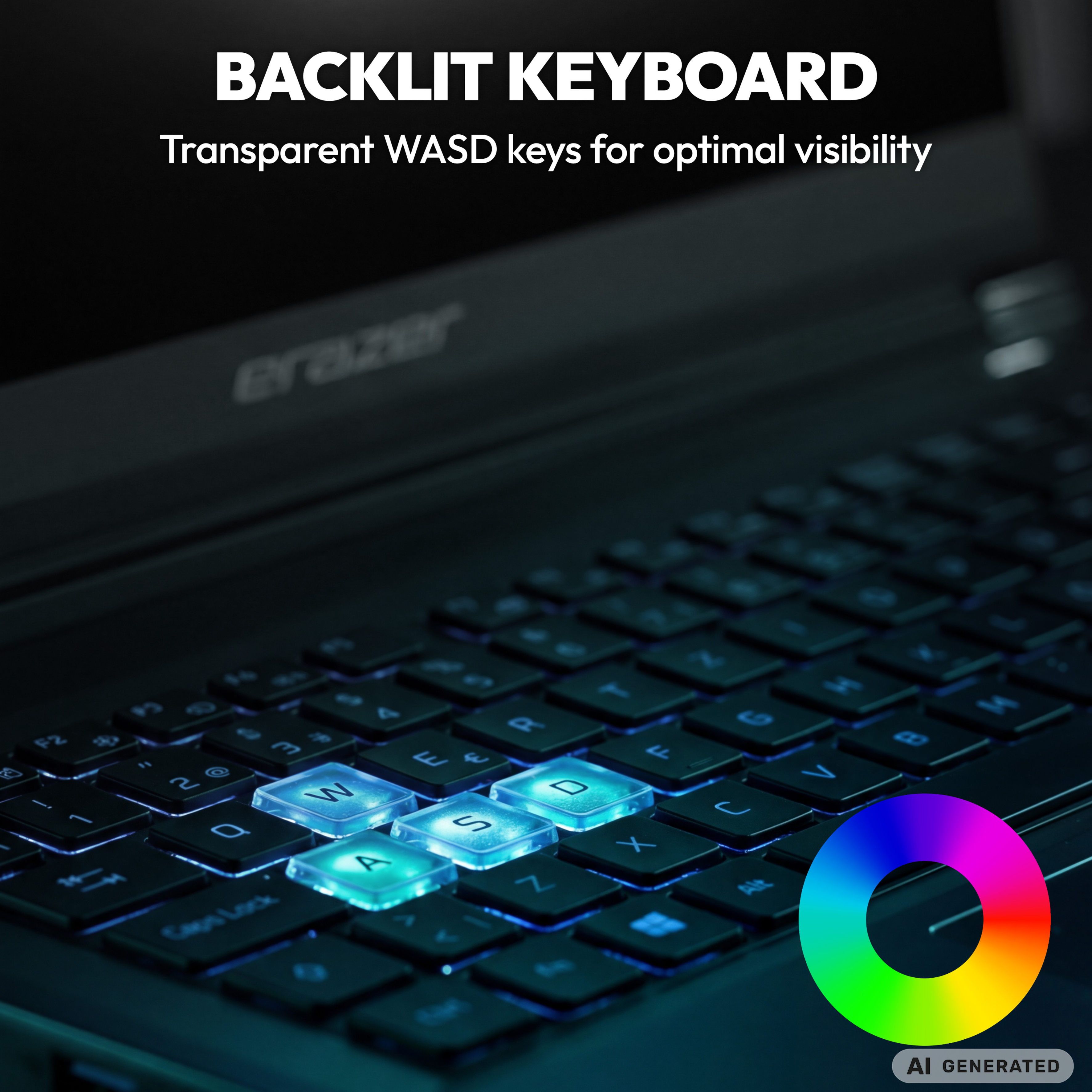 Beleuchtete Laptop-Tastatur mit transparenten WASD-Tasten und Text.