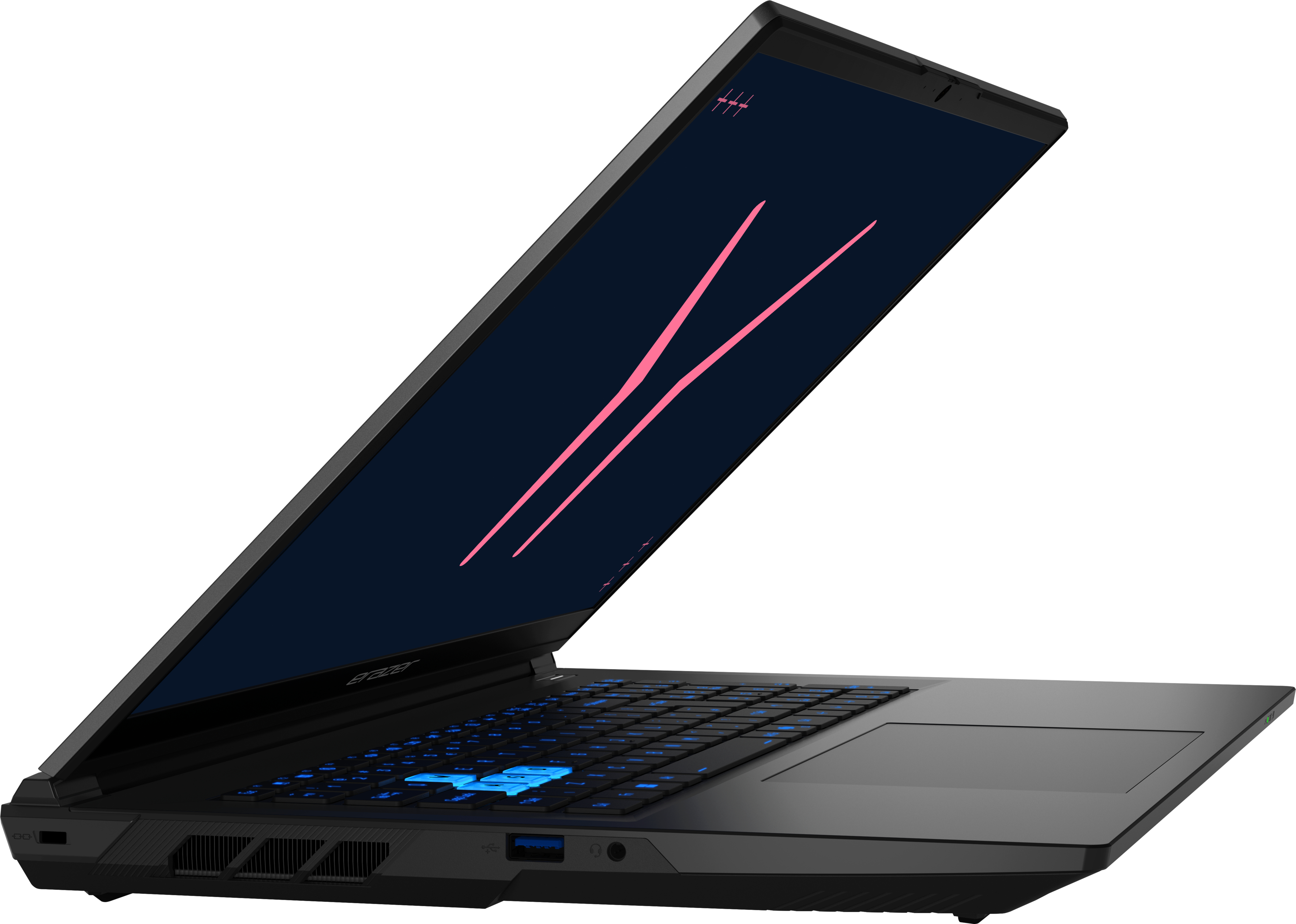 Ordinateur portable de jeu noir de profil avec clavier rétroéclairé bleu et écran ouvert.