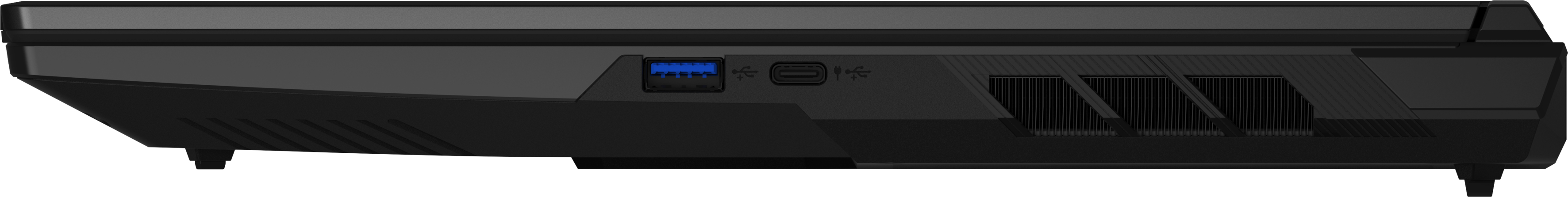 Vue latérale d'un ordinateur portable noir avec un port USB, un port USB-C et des fentes de ventilation.