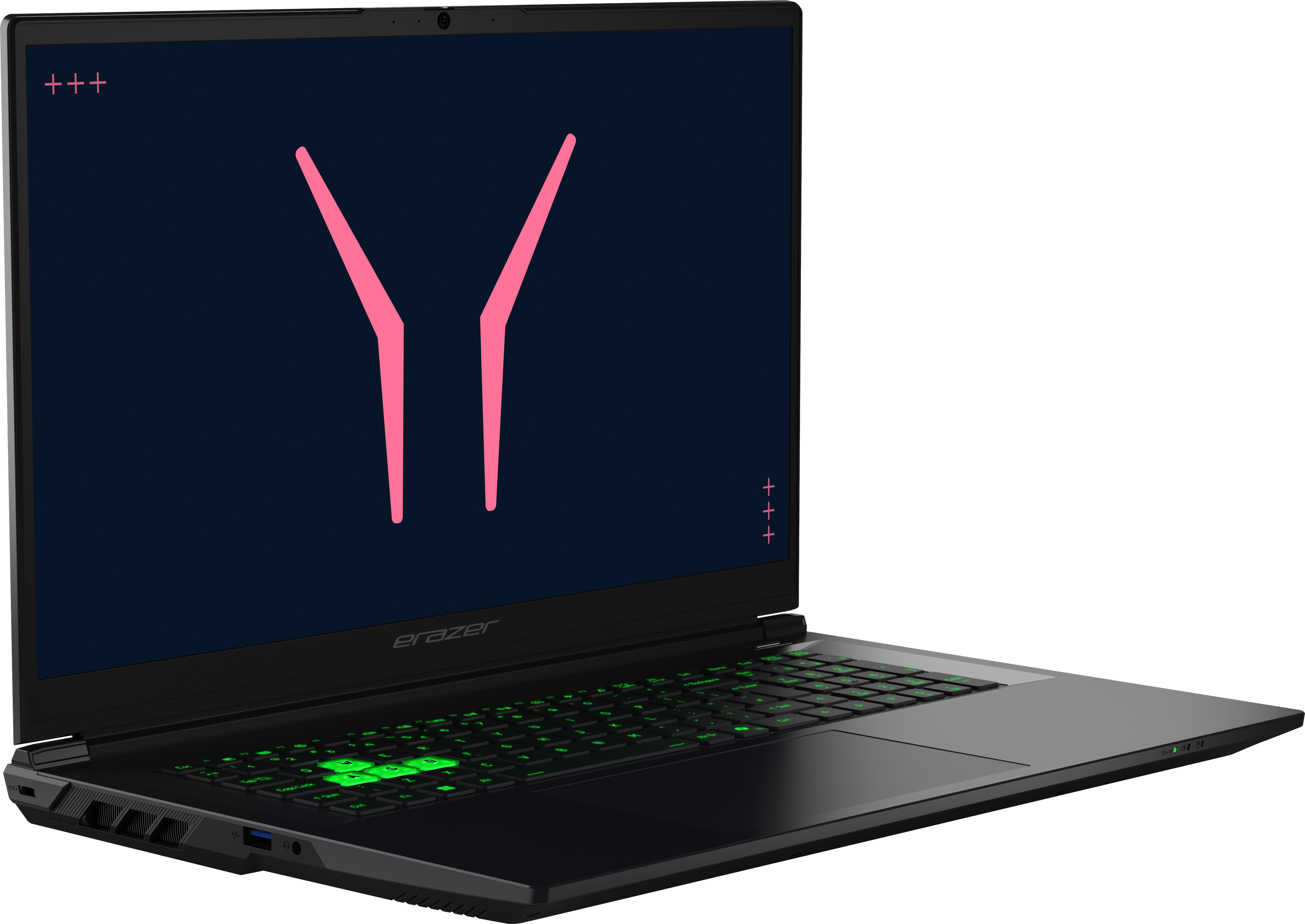 Ordinateur portable gaming Erazer noir avec clavier vert rétroéclairé et logo rose sur l'écran.