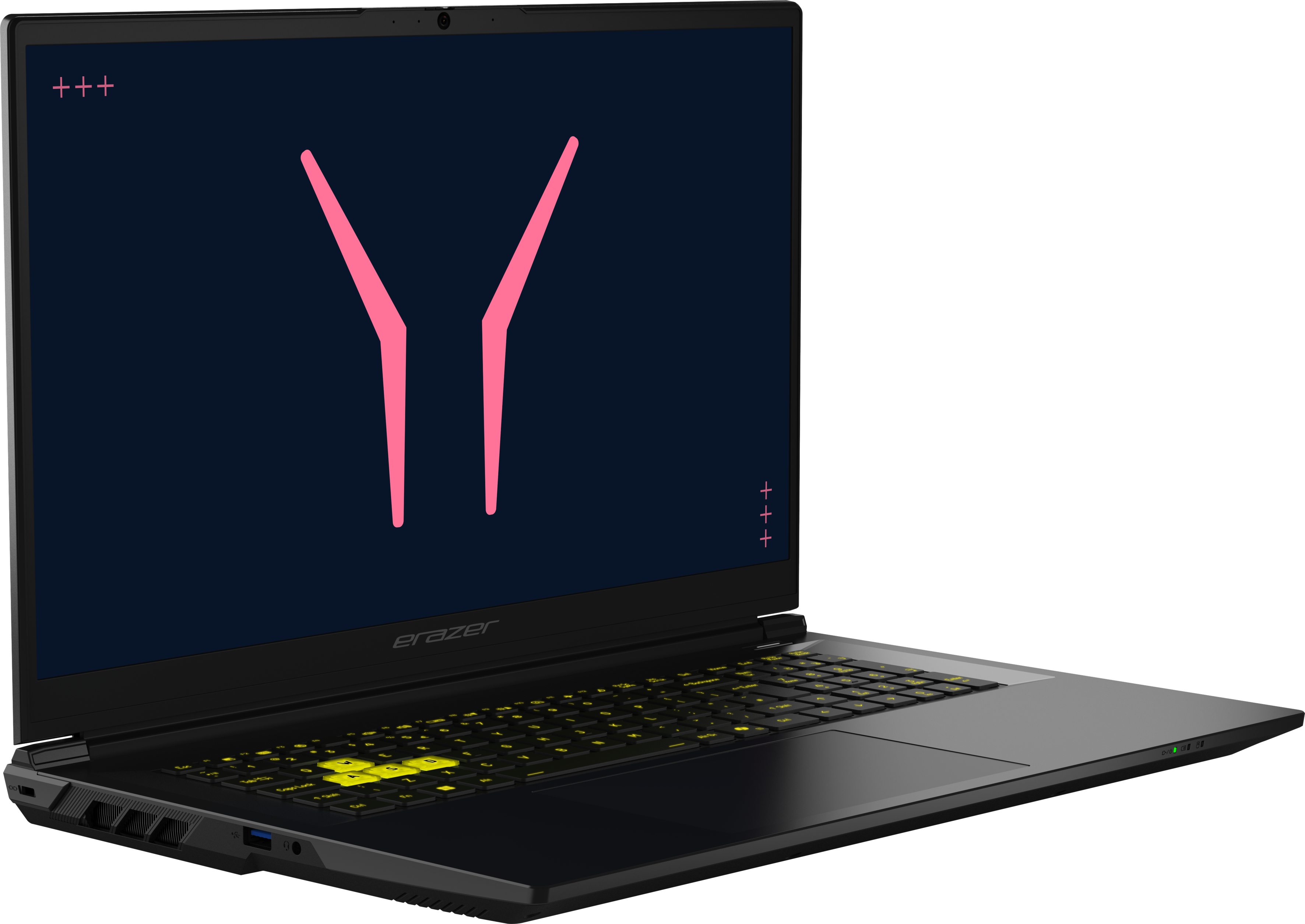Ordinateur portable Erazer noir avec clavier rétroéclairé jaune et logo rose à l'écran.