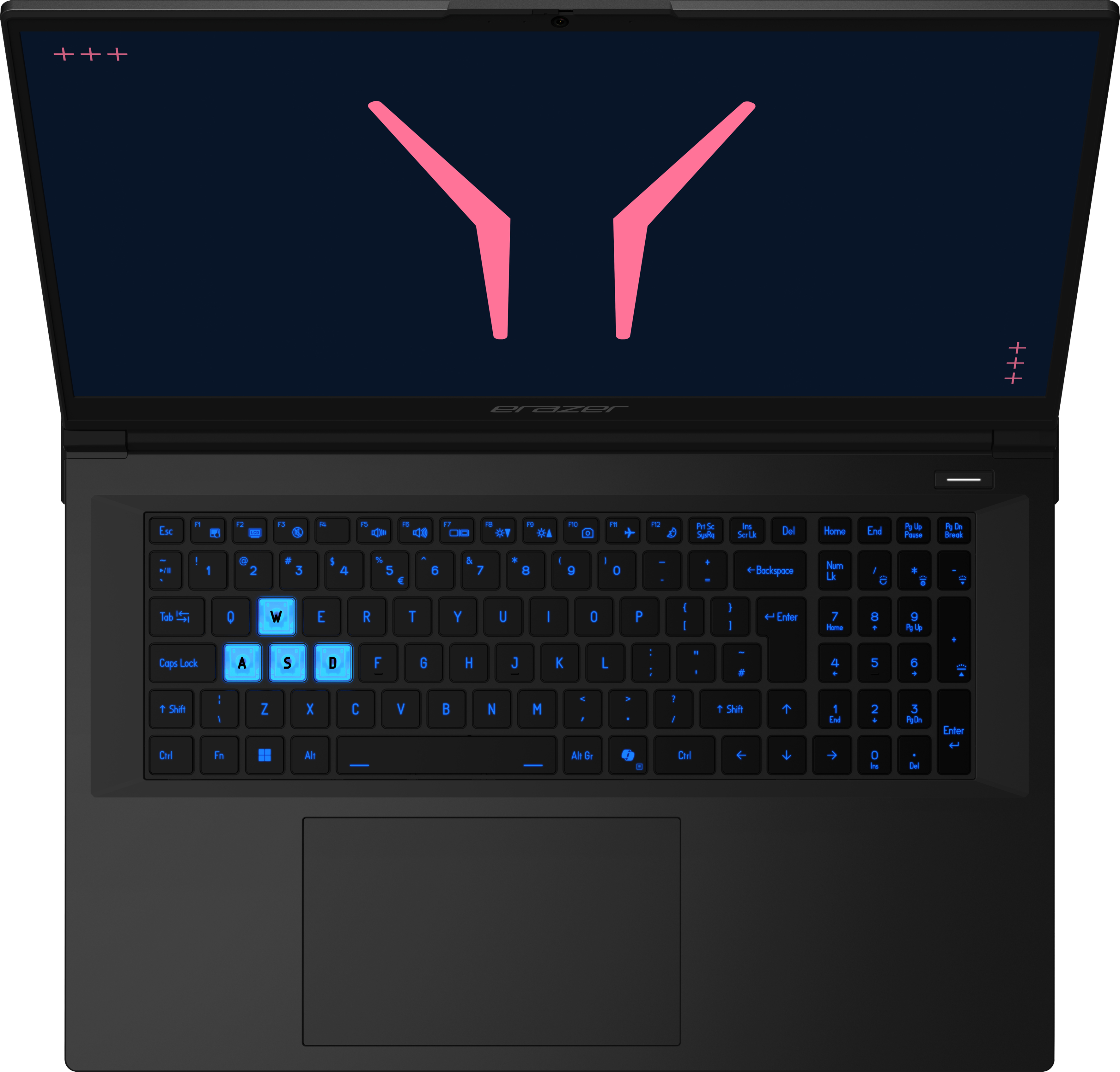 Ordinateur portable noir avec clavier rétroéclairé bleu, WASD en surbrillance et logo rouge sur l'écran.
