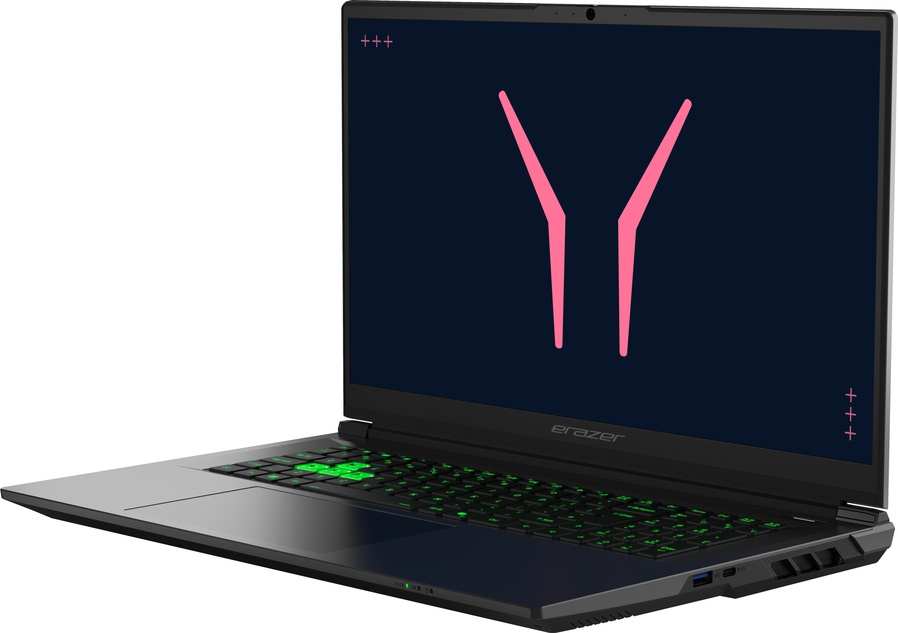 Un ordinateur portable de jeu noir avec un clavier rétroéclairé vert et un logo rose sur l'écran.