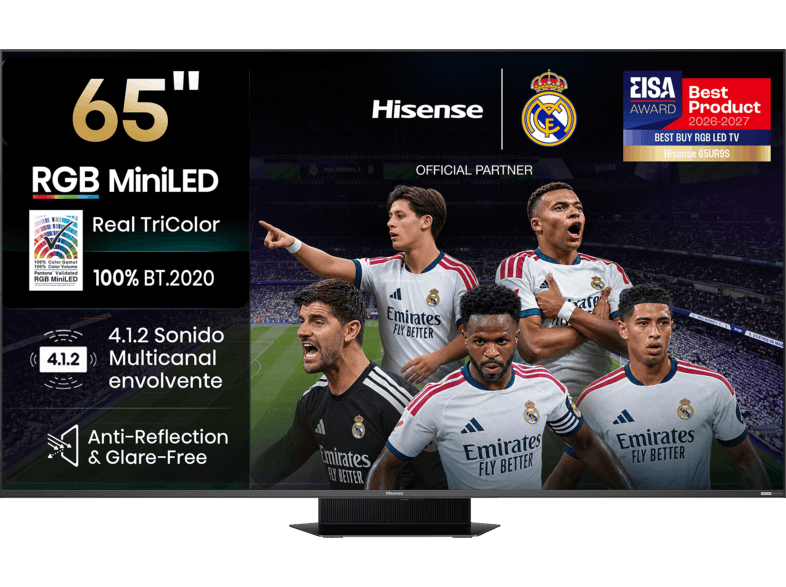 TV RGB Mini LED 65" - Hisense 65UR9S, UHD 4K, Quad Core / MT9655, Hi-View AI Engine RGB, Tuned by Devialet, Anti Reflejo, Negro