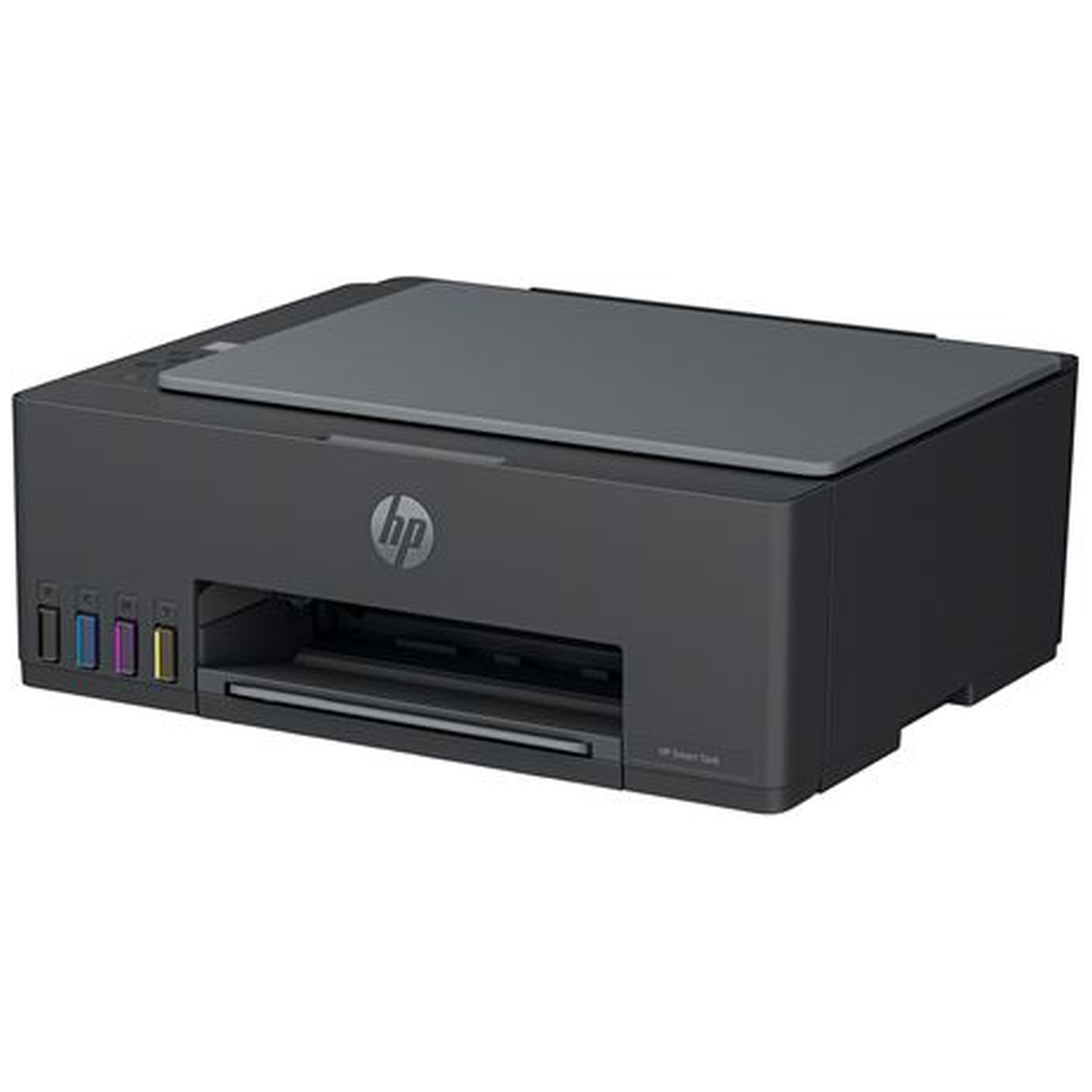 A gray HP Smart Tank printer with visible ink tanks on a white surface.