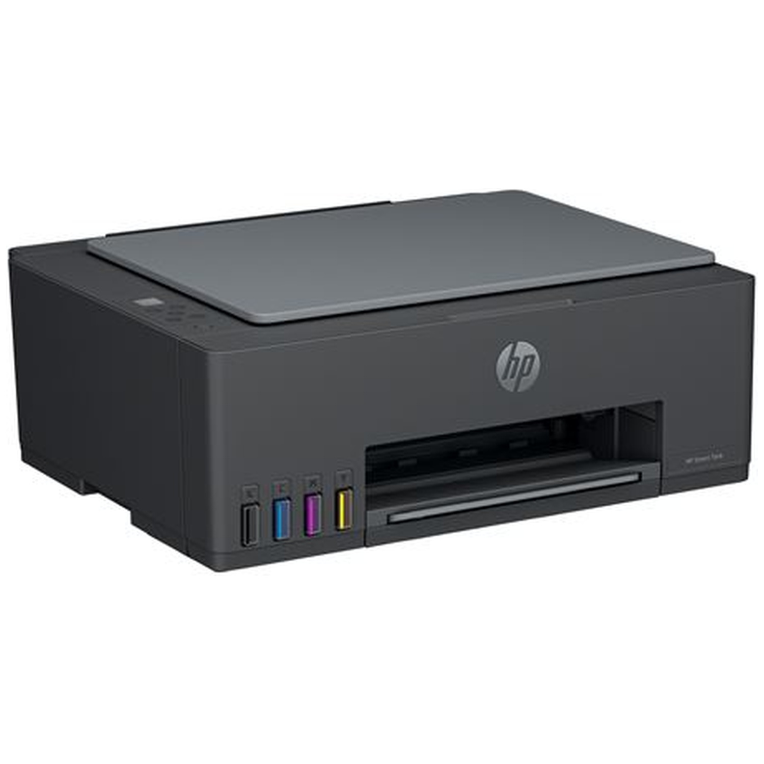 A modern dark grey HP inkjet printer with integrated color ink tanks on the front.