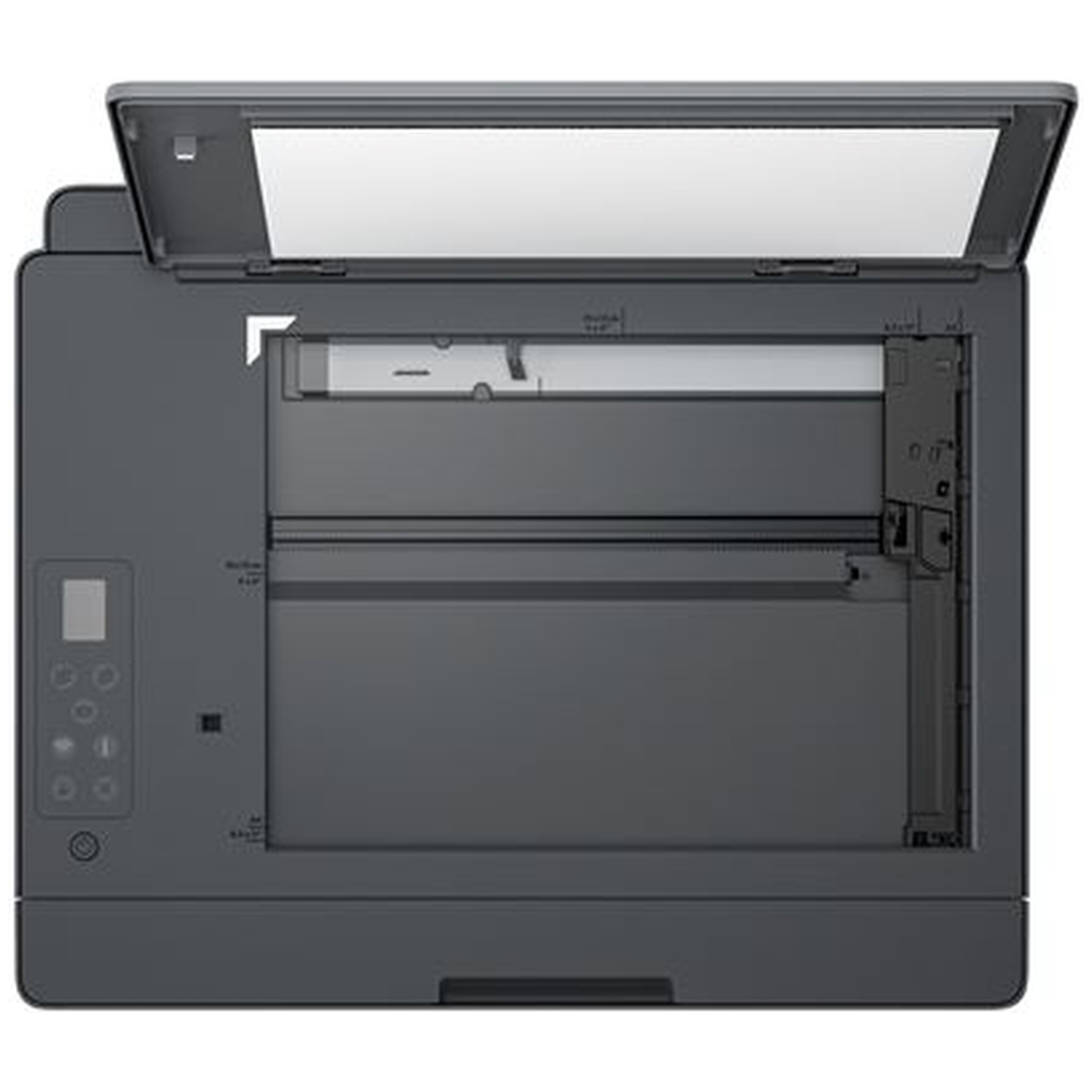 A gray multifunction printer with the scanner lid open, viewed from above.
