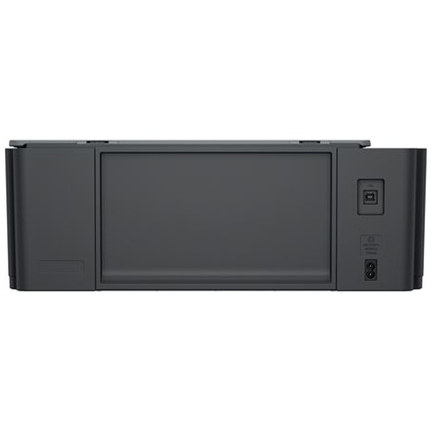 Rear view of a black printer with a USB port and power cable socket on the right against a white background.