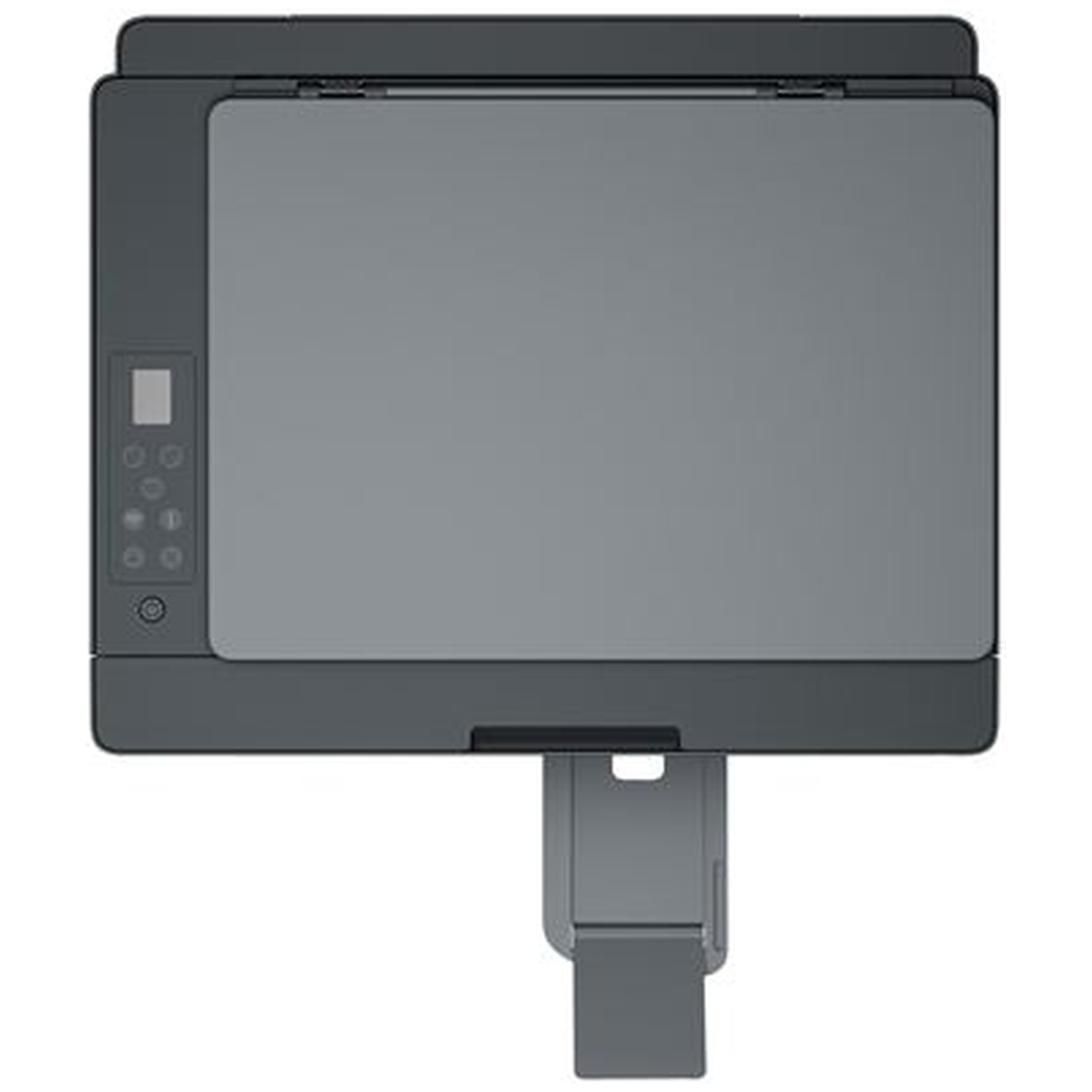 Top-down view of a dark gray printer with control buttons on the left and an extended output tray.