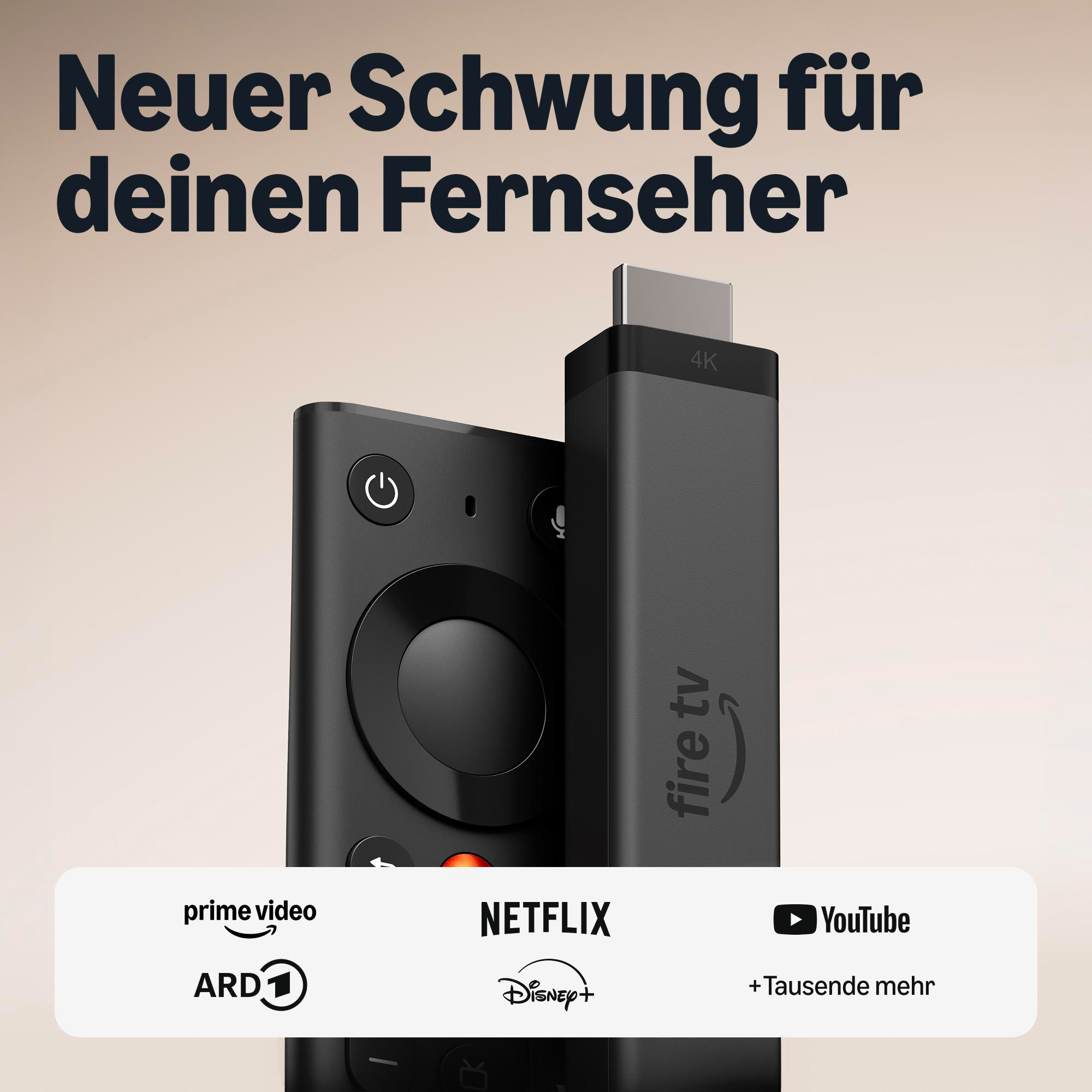 Amazon Fire TV Stick 4K mit Fernbedienung und Logos von Streamingdiensten.