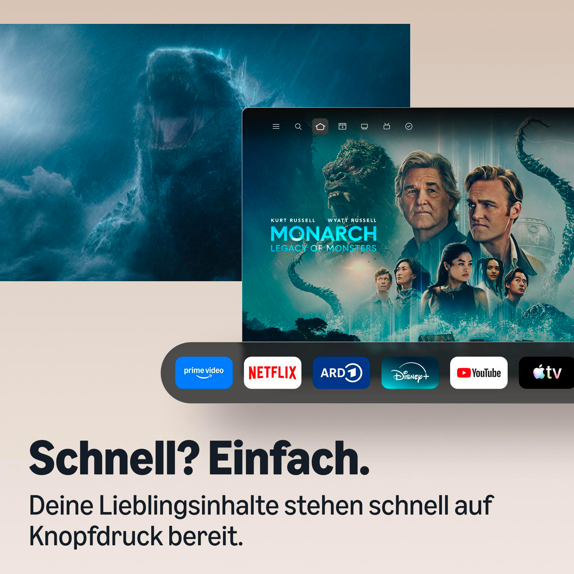 Streaming-Oberfläche mit bekannten App-Logos und der Serie Monarch: Legacy of Monsters auf dem Bildschirm.