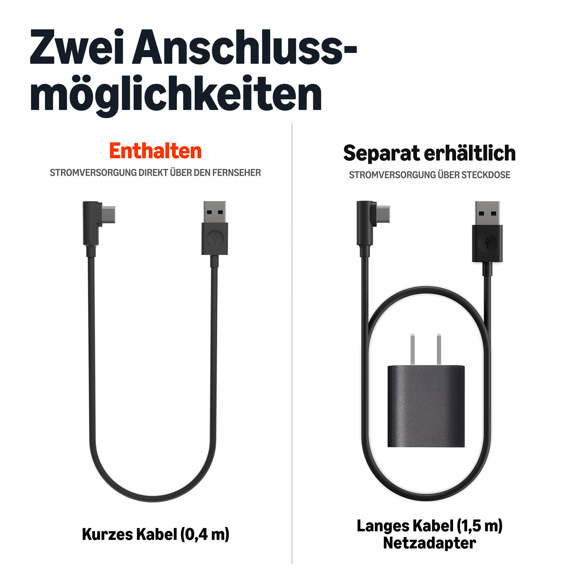 Diagramm zeigt zwei Anschlussmöglichkeiten: ein kurzes USB-Kabel und ein langes USB-Kabel mit Netzadapter.