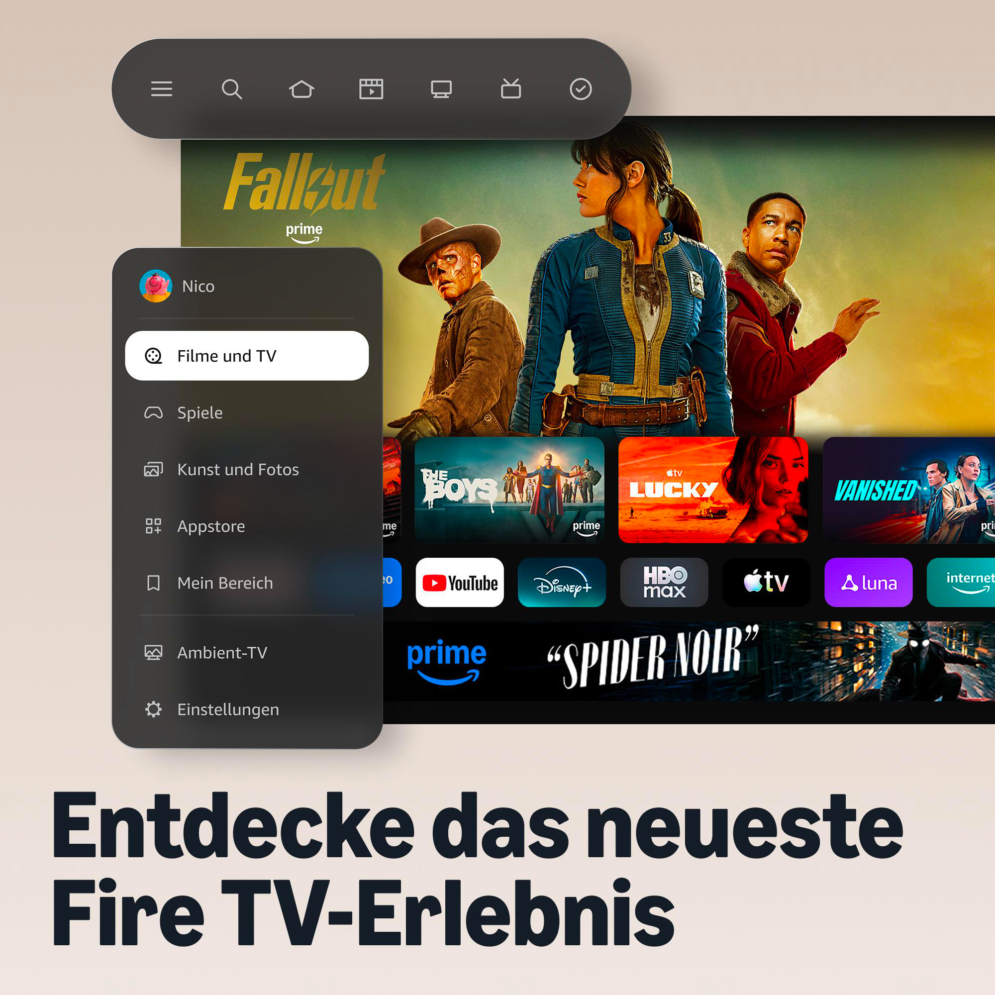 Fire TV-Oberfläche mit Film-Promos, App-Symbolen und einem Seitenmenü über einem Hintergrundbild.