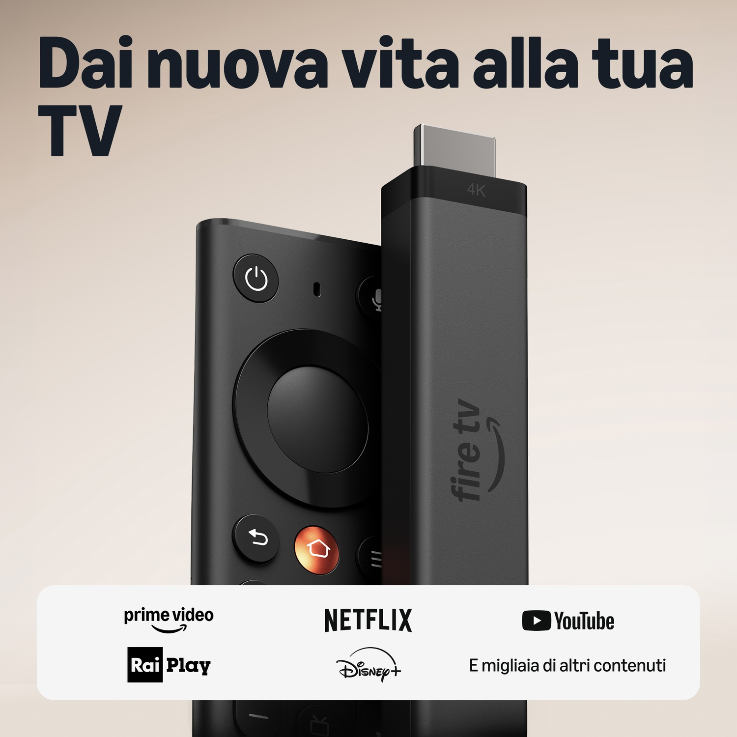 Una Fire TV Stick 4K nera con il suo telecomando e i loghi delle app di streaming.