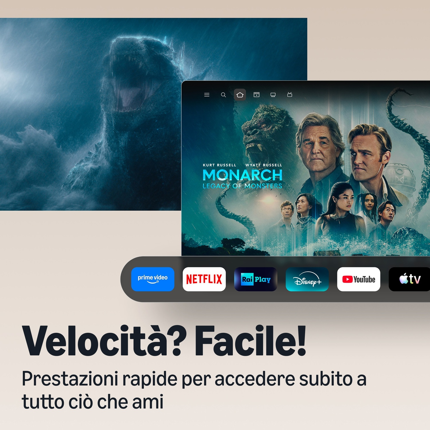 L'interfaccia di streaming mostra Monarch: Legacy of Monsters e app.