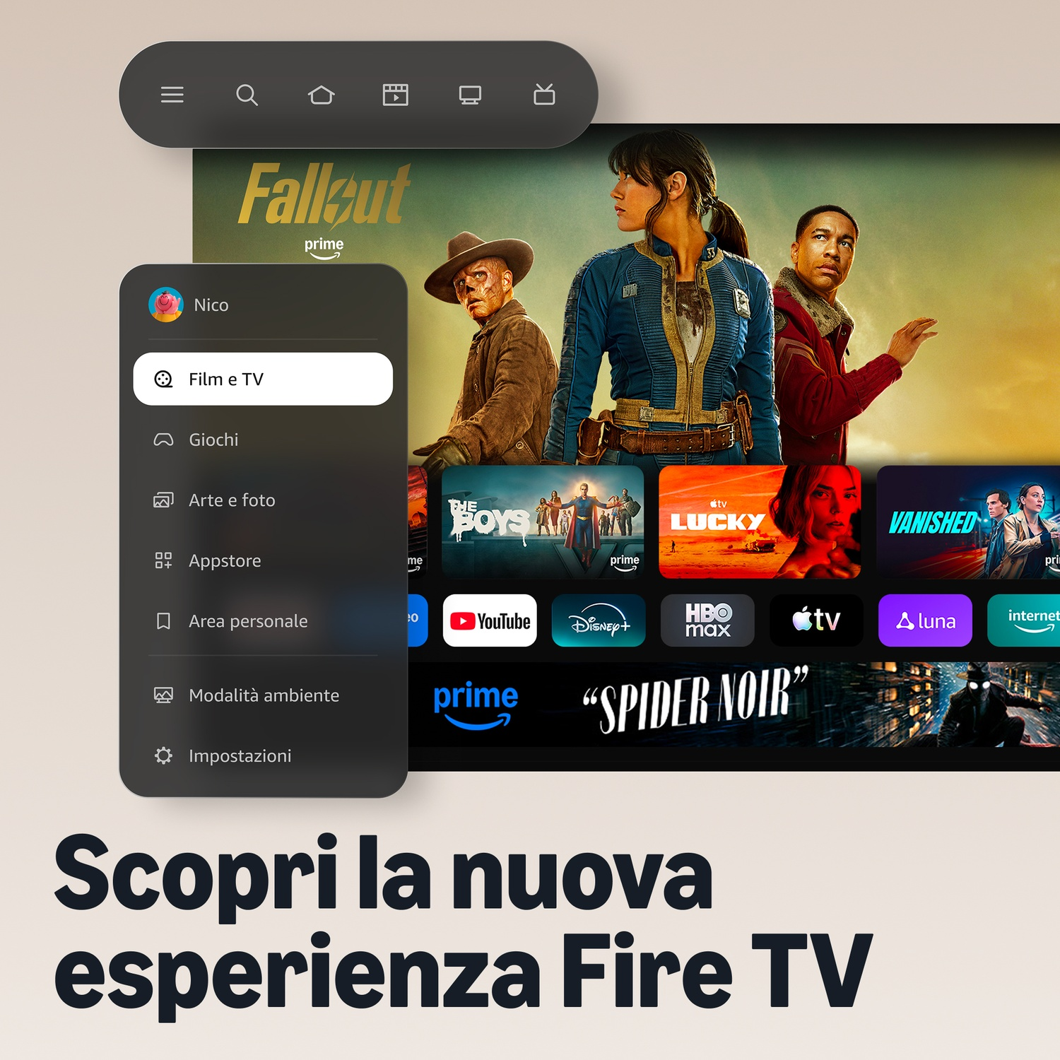 Schermata iniziale Fire TV con menu, icone app e anteprime di serie TV come Fallout.