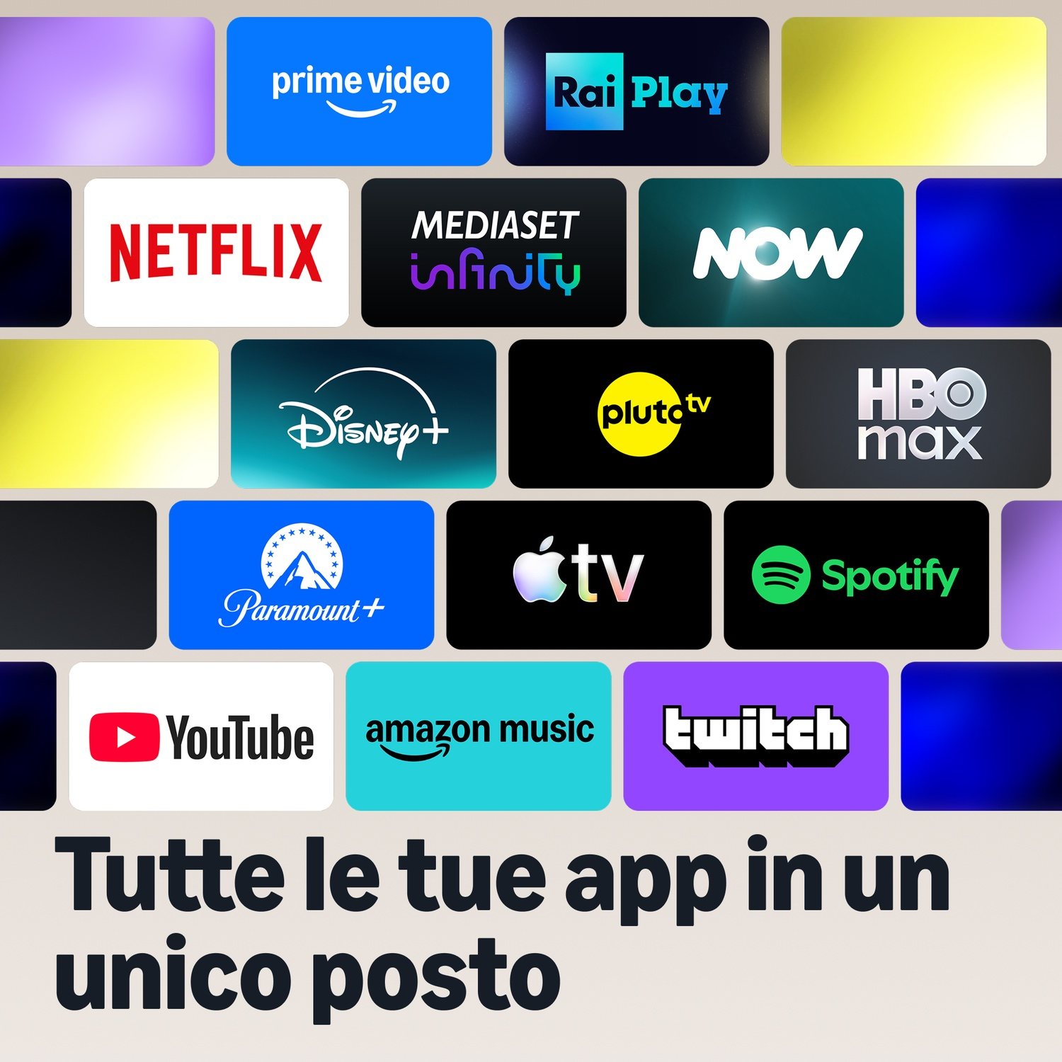 Una griglia di loghi di app di streaming con testo in italiano in basso.