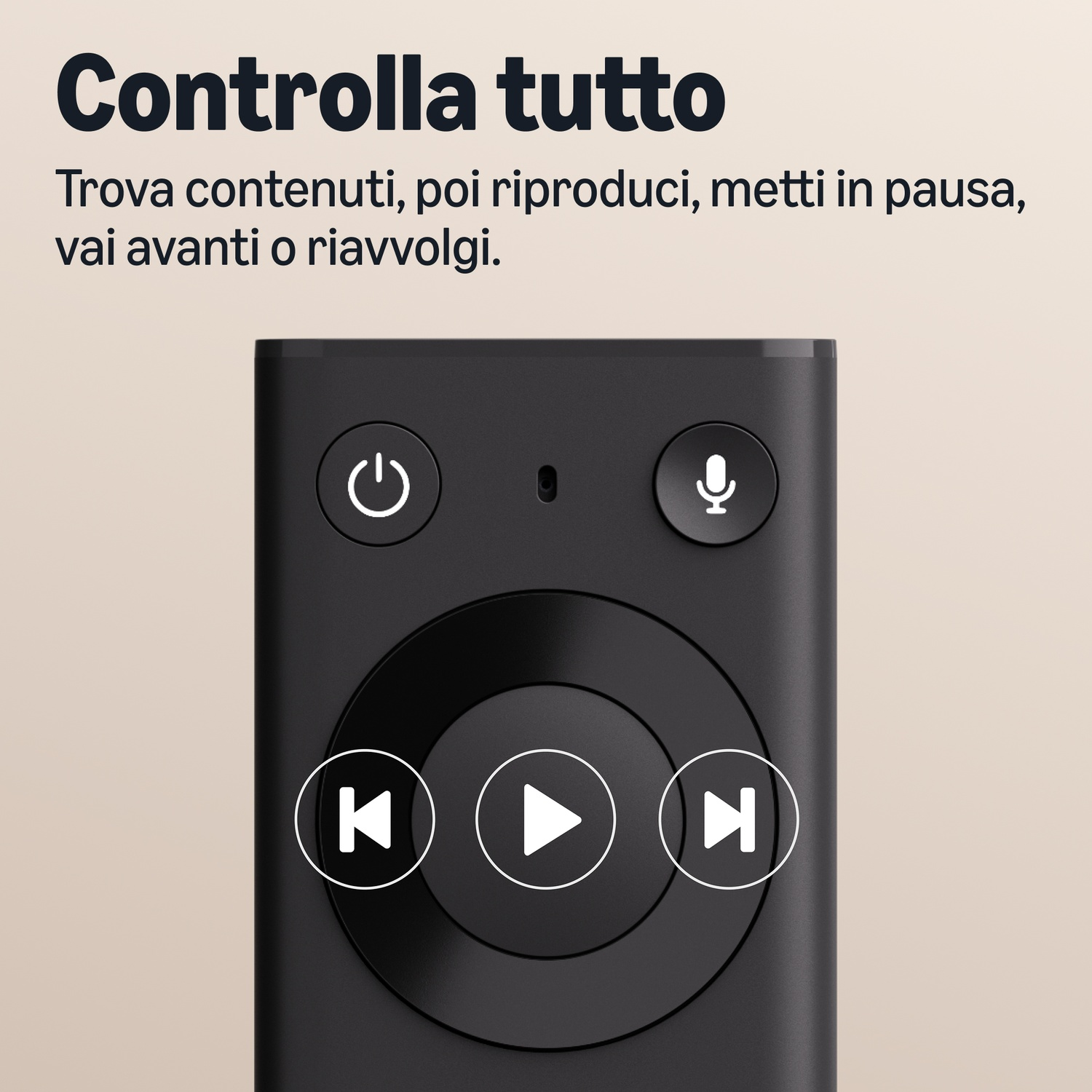 Telecomando nero con pulsante di accensione, microfono e controlli multimediali su sfondo beige.