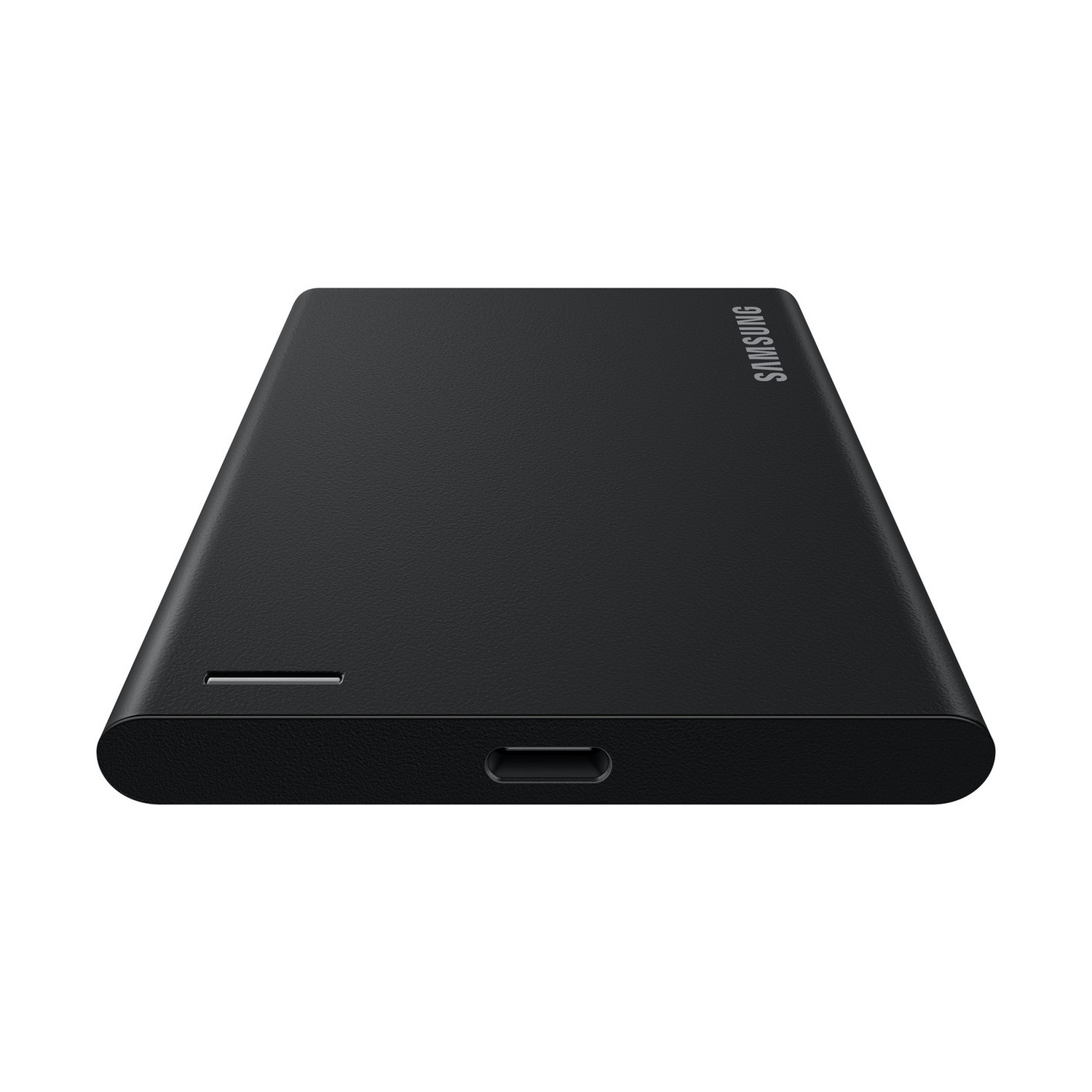 Un hard disk esterno Samsung nero con porta USB-C su sfondo bianco.