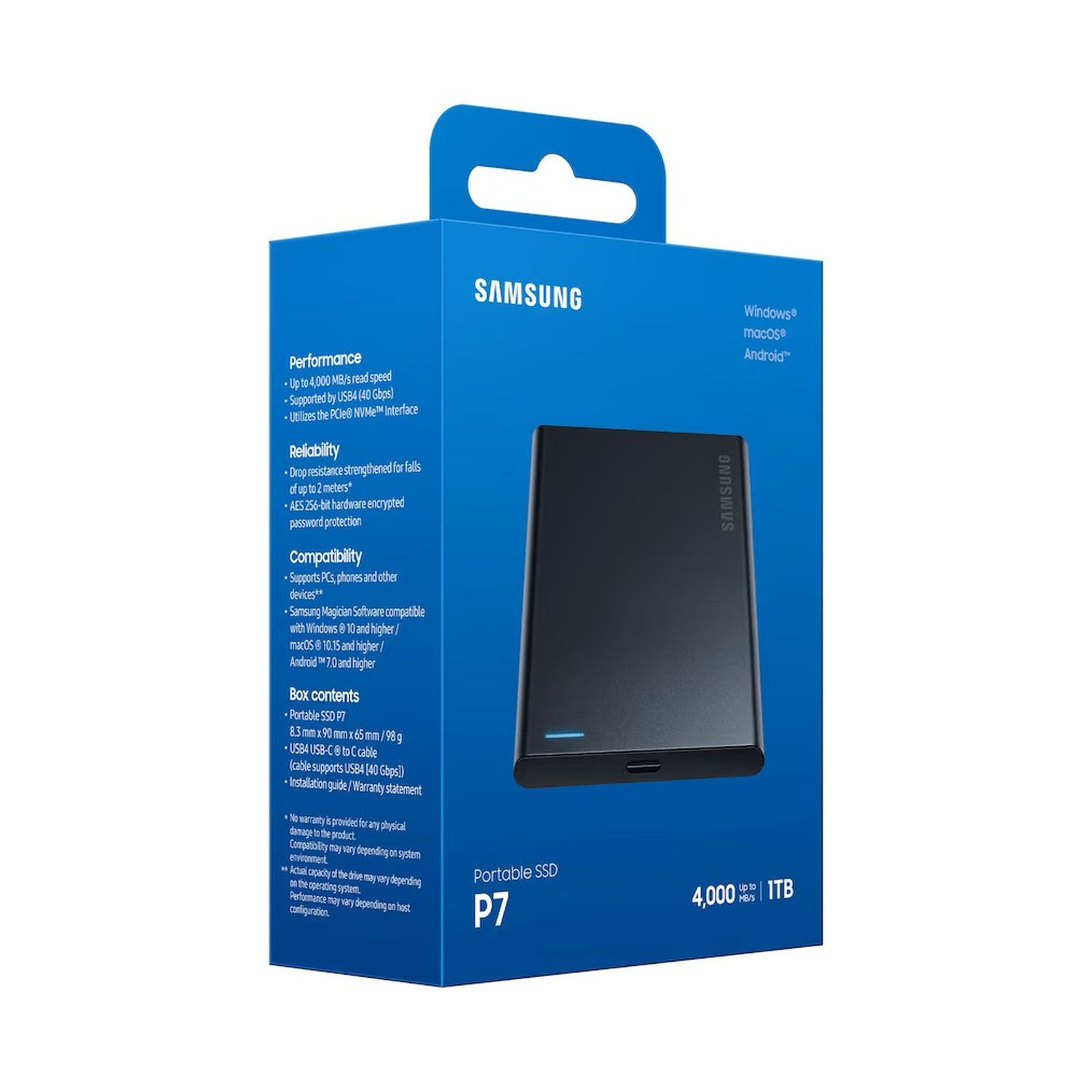 Confezione blu per SSD portatile Samsung P7 che mostra un SSD nero e specifiche tecniche.