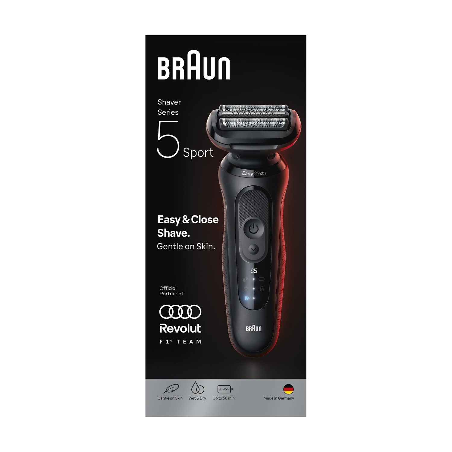 Rasoio nero Braun Shaver Series 5 su un poster con testo e logo Audi Revolut F1 Team.