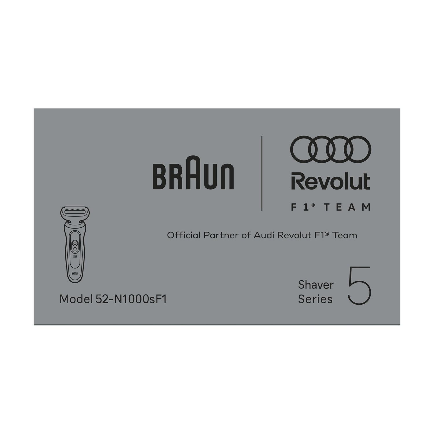 Confezione rasoio grigia Braun S5, partner ufficiale del team Audi Revolut F1, modello 52-N1000sF1.