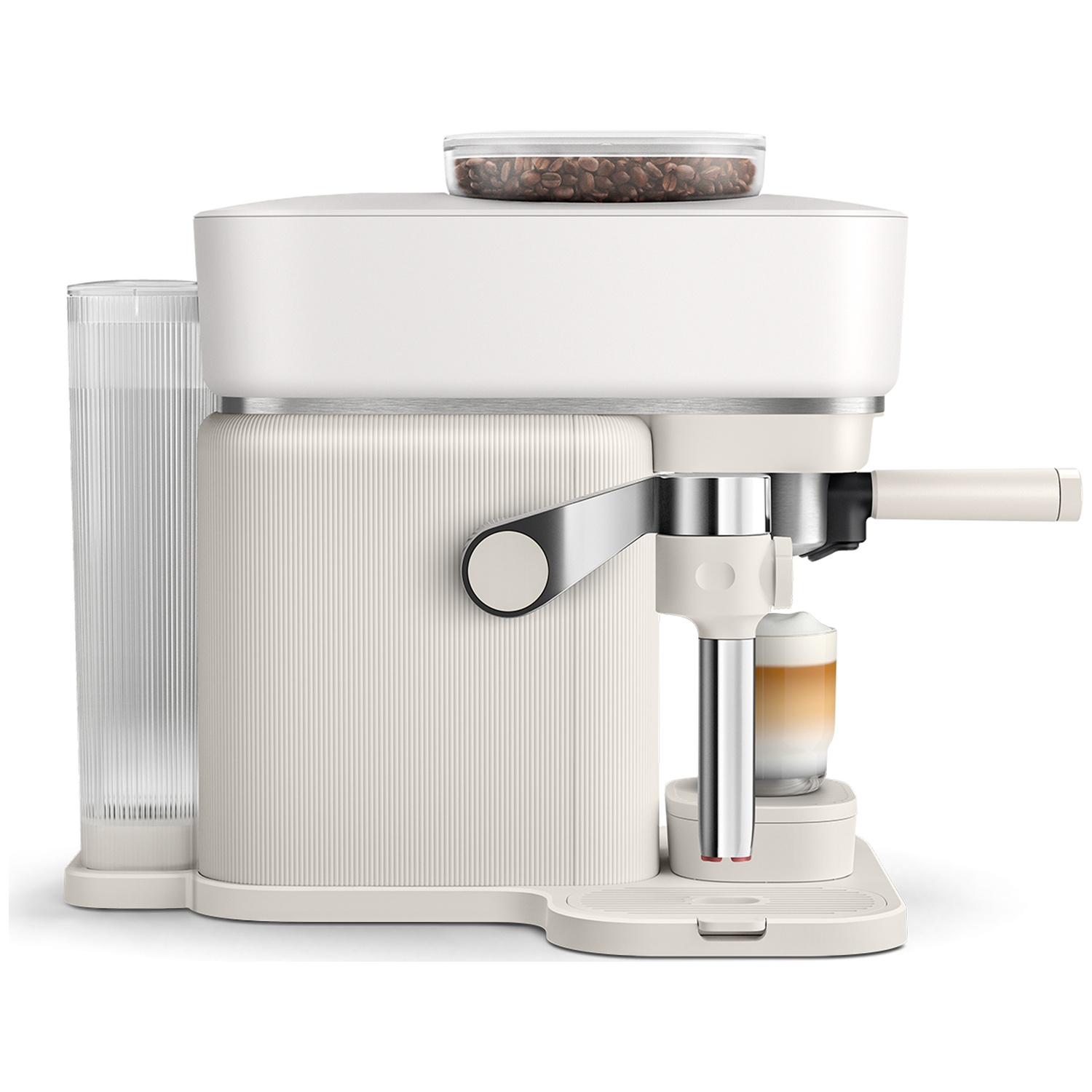 Modern white espresso machine with a bean hopper on top and a glass cup with latte macchiato.